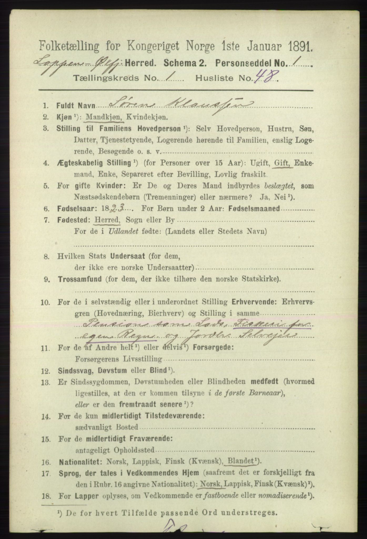 RA, 1891 census for 2014 Loppa, 1891, p. 314