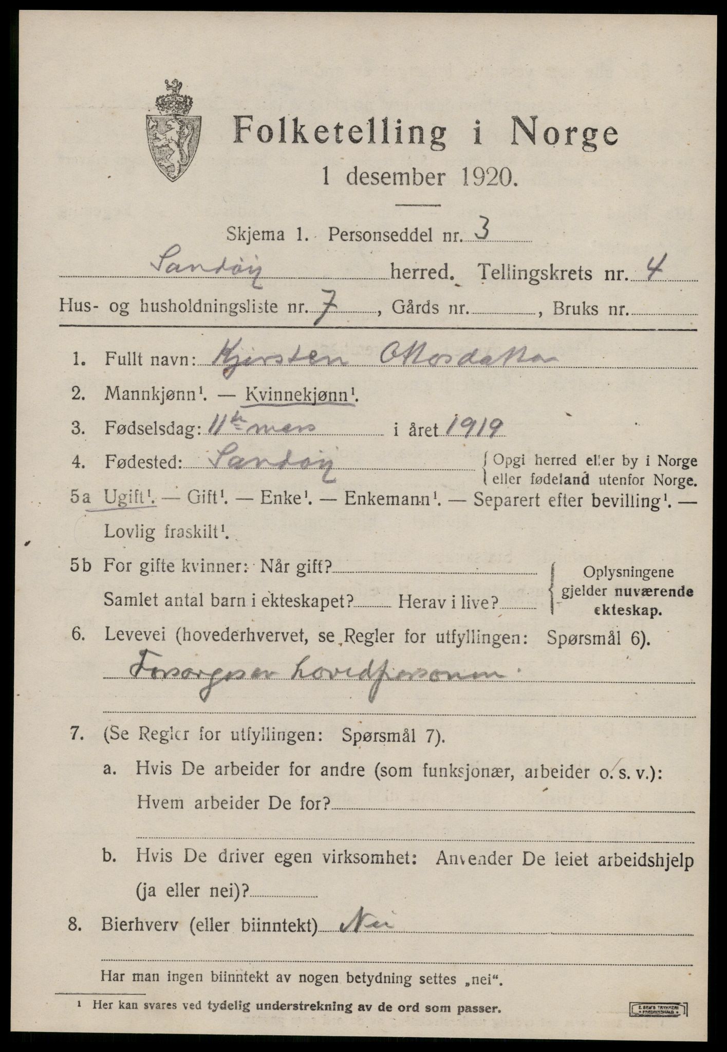 SAT, 1920 census for Sandøy, 1920, p. 1284