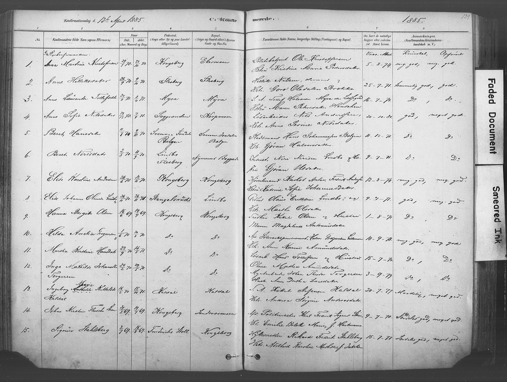 Kongsberg kirkebøker, AV/SAKO-A-22/F/Fb/L0001: Parish register (official) no. II 1, 1878-1886, p. 139