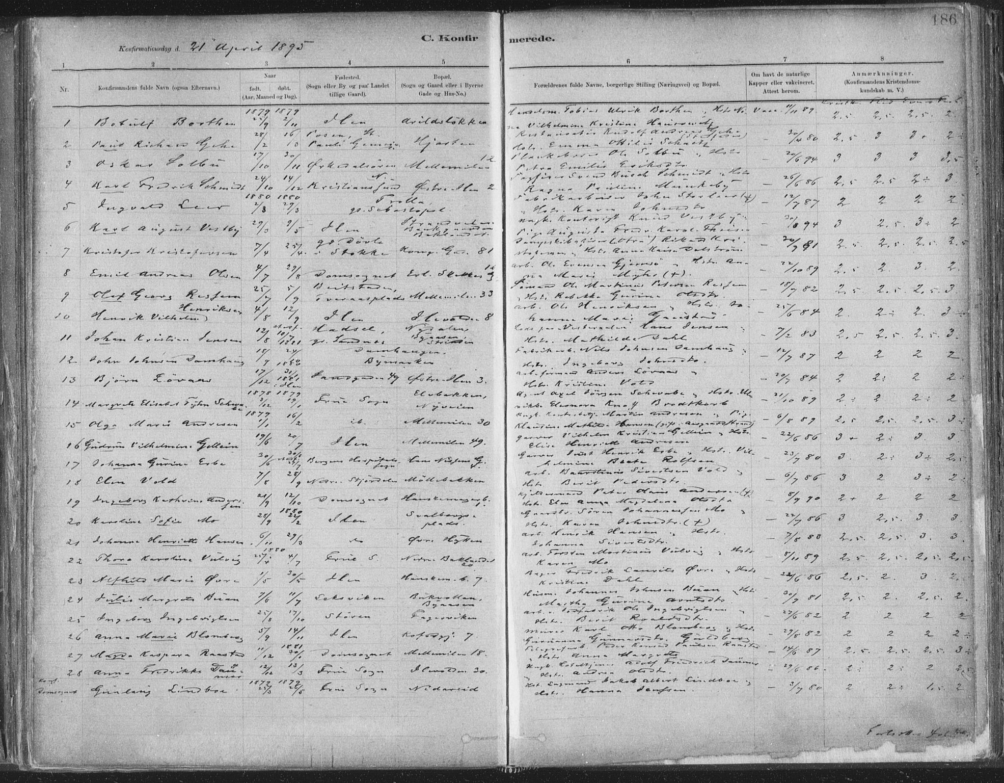 Ministerialprotokoller, klokkerbøker og fødselsregistre - Sør-Trøndelag, SAT/A-1456/603/L0162: Parish register (official) no. 603A01, 1879-1895, p. 186