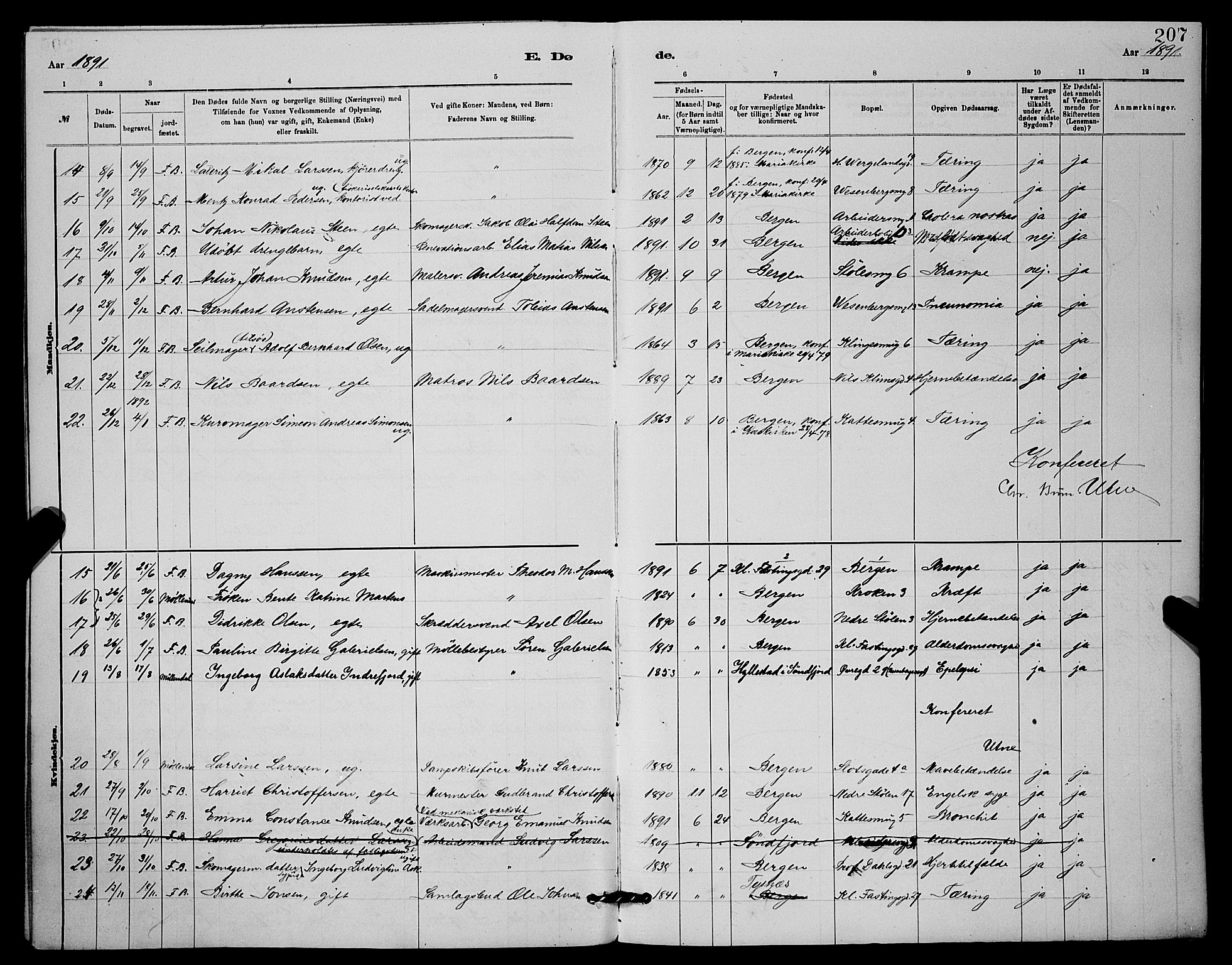 Mariakirken Sokneprestembete, AV/SAB-A-76901/H/Hab/L0004: Parish register (copy) no. A 4, 1878-1892, p. 207