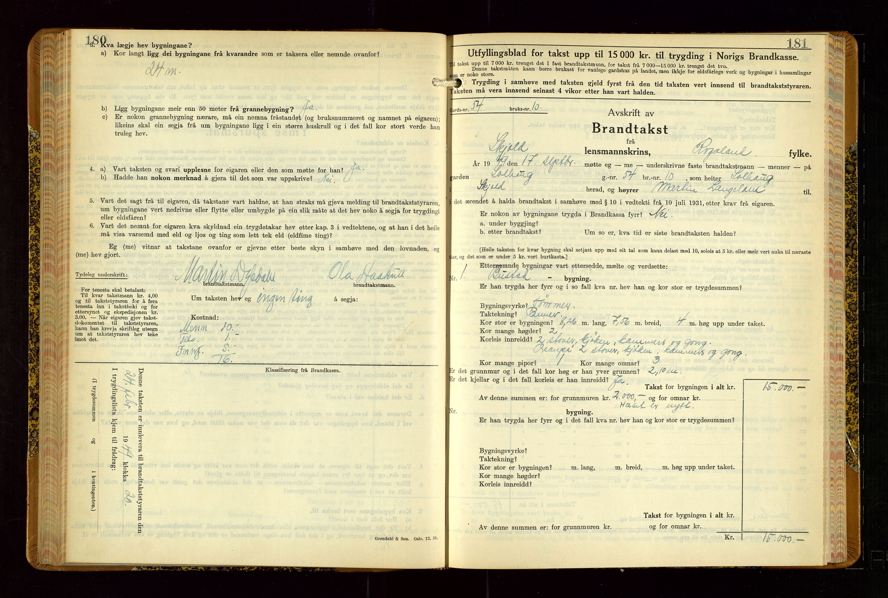 Skjold lensmannskontor, SAST/A-100182/Gob/L0002: "Branntakstbok for Skjold lensmannskrins Rogaland fylke", 1939-1952, p. 180-181