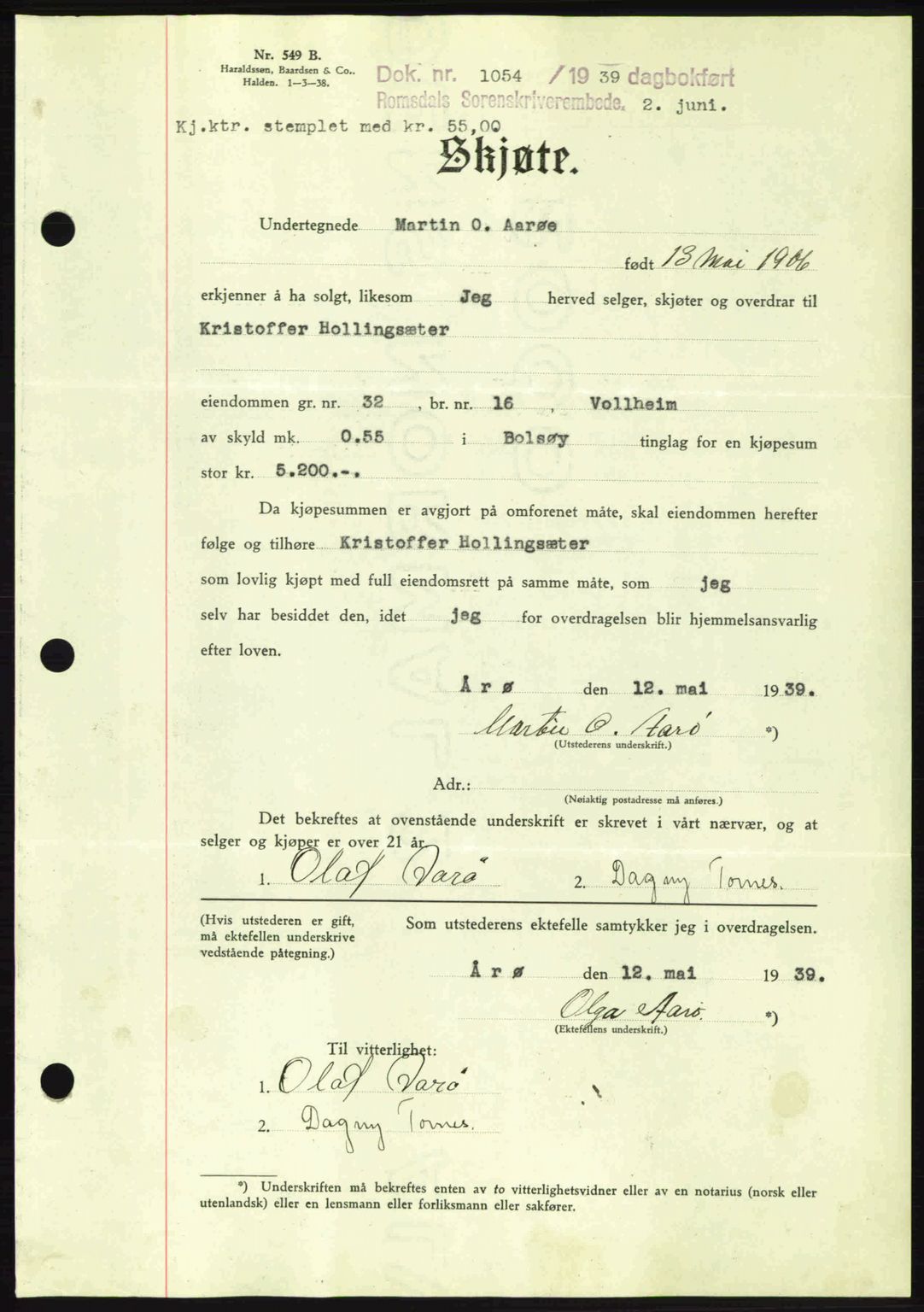 Romsdal sorenskriveri, AV/SAT-A-4149/1/2/2C: Mortgage book no. A7, 1939-1939, Diary no: : 1054/1939