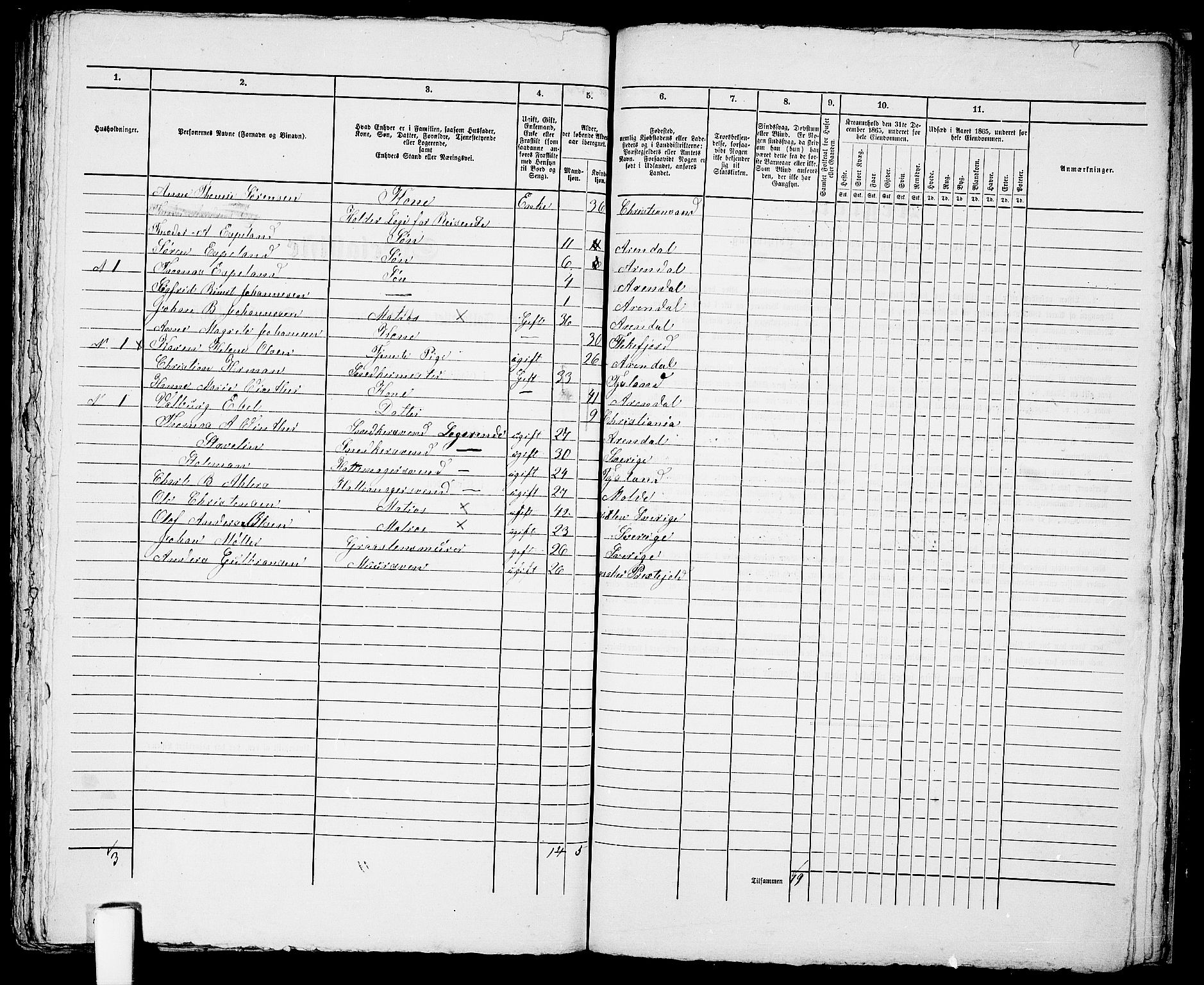 RA, 1865 census for Arendal, 1865, p. 322