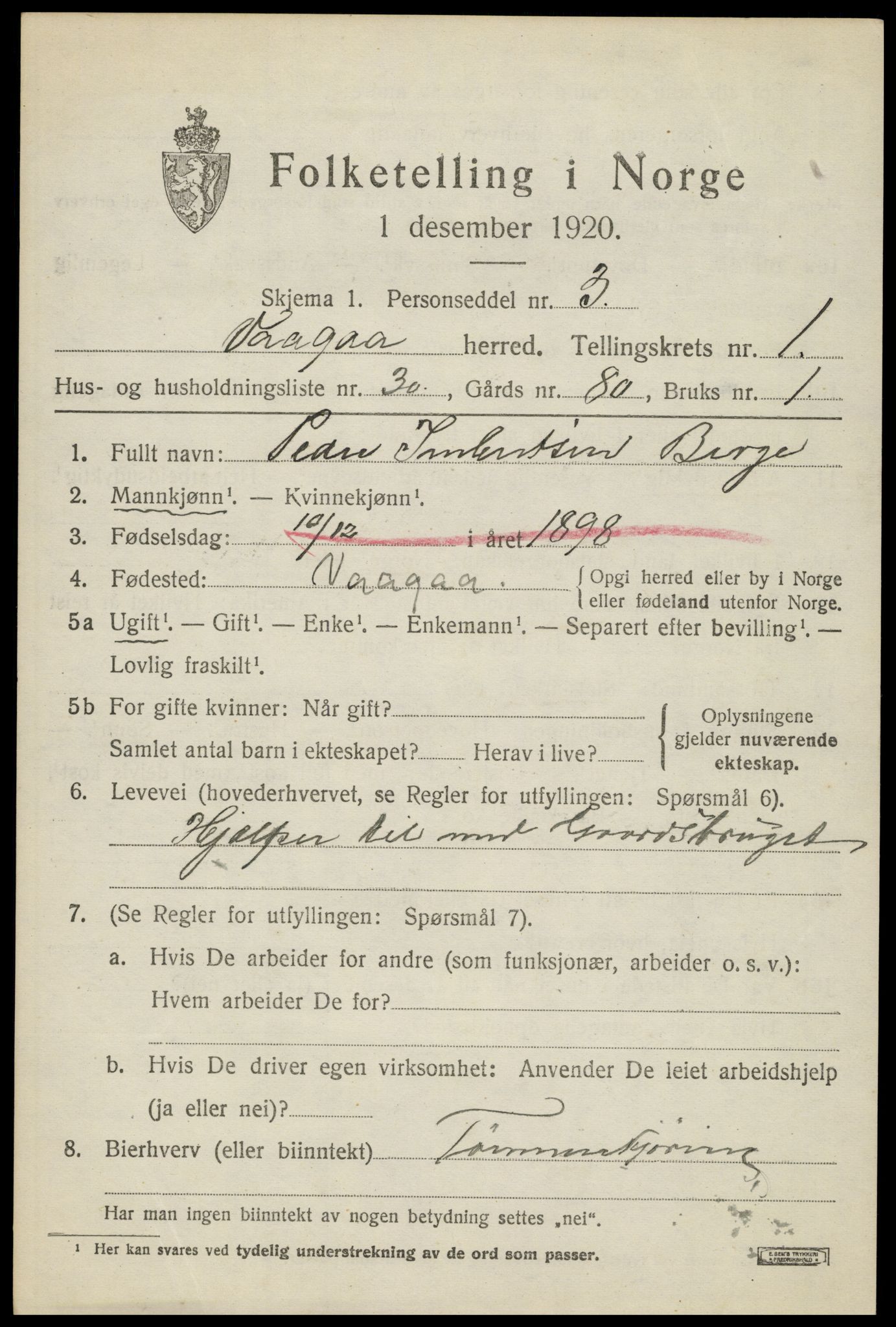 SAH, 1920 census for Vågå, 1920, p. 1640