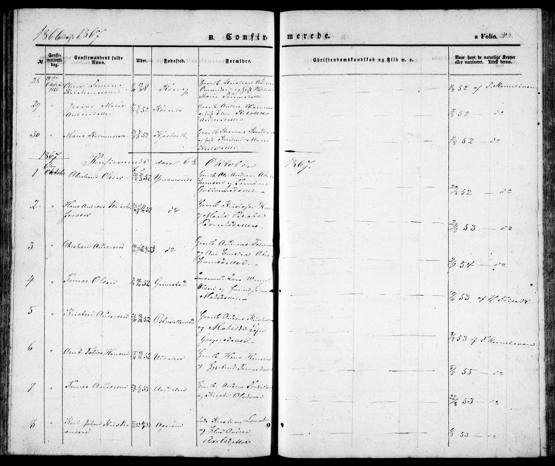 Høvåg sokneprestkontor, AV/SAK-1111-0025/F/Fb/L0002: Parish register (copy) no. B 2, 1847-1869, p. 203