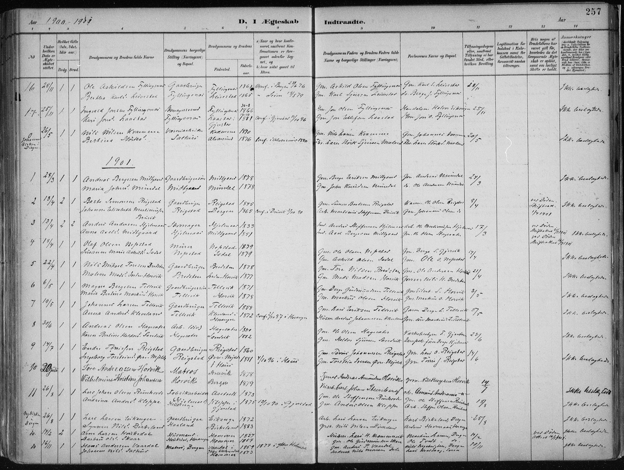 Hamre sokneprestembete, SAB/A-75501/H/Ha/Haa/Haab/L0001: Parish register (official) no. B  1, 1882-1905, p. 257