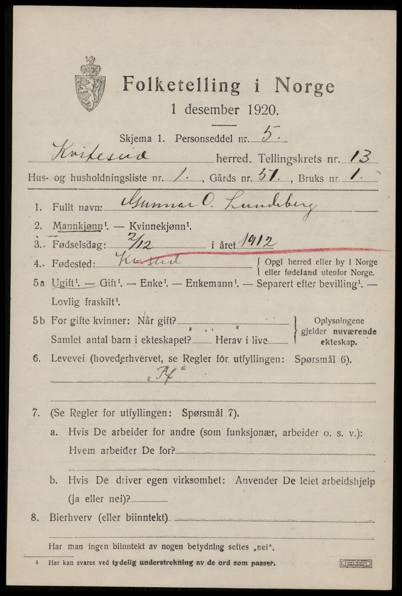 SAKO, 1920 census for Kviteseid, 1920, p. 6211