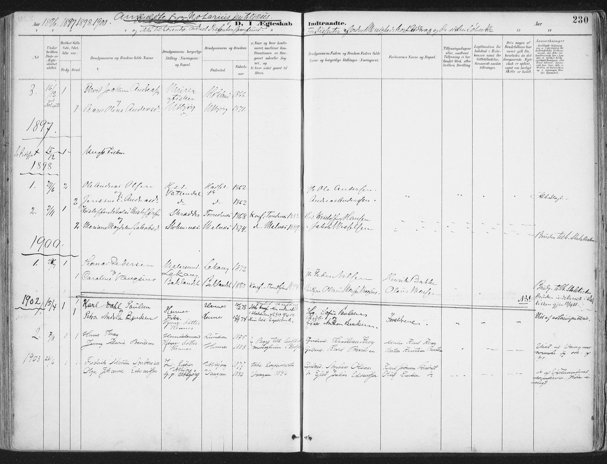 Ministerialprotokoller, klokkerbøker og fødselsregistre - Nordland, SAT/A-1459/888/L1246: Parish register (official) no. 888A12, 1891-1903, p. 230