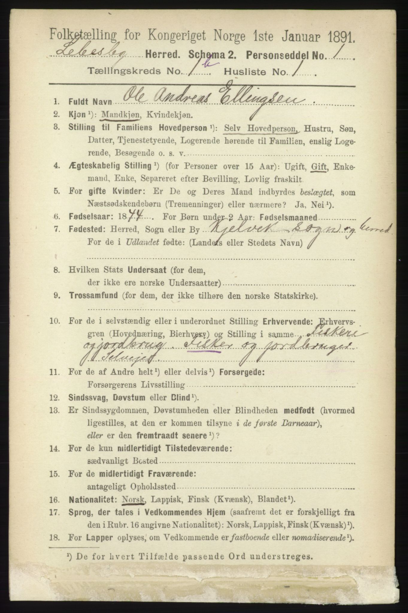 RA, 1891 census for 2022 Lebesby, 1891, p. 106