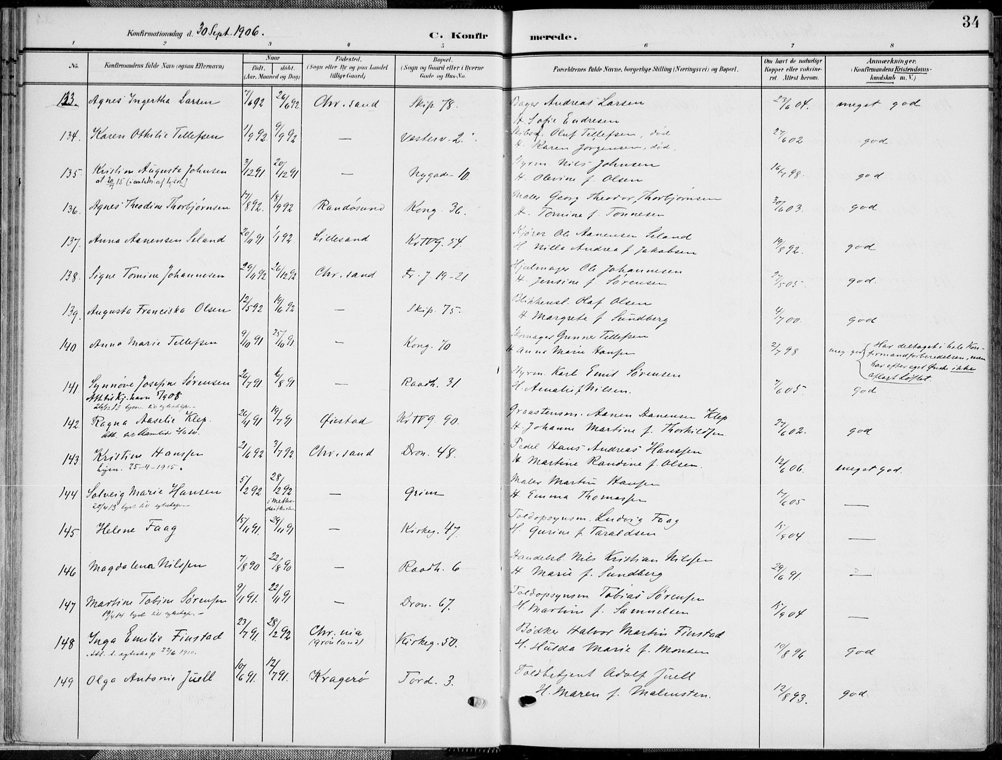 Kristiansand domprosti, SAK/1112-0006/F/Fa/L0022: Parish register (official) no. A 21, 1905-1916, p. 34