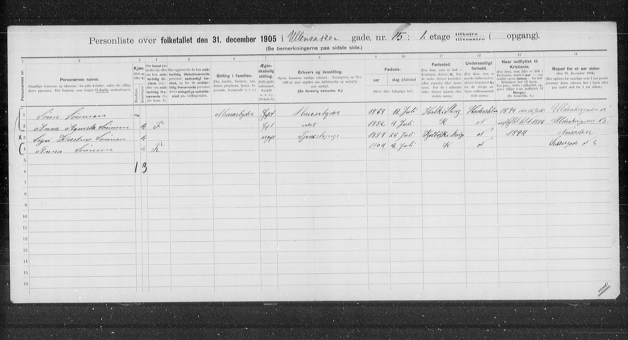 OBA, Municipal Census 1905 for Kristiania, 1905, p. 62385