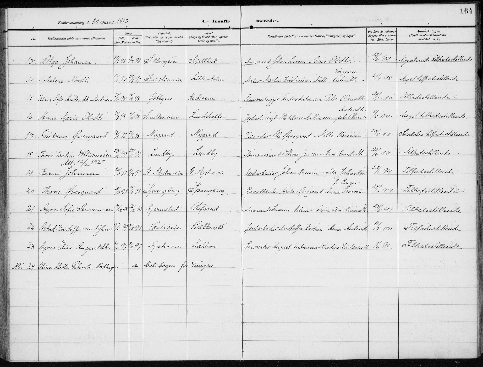 Stange prestekontor, AV/SAH-PREST-002/K/L0024: Parish register (official) no. 24, 1906-1922, p. 164