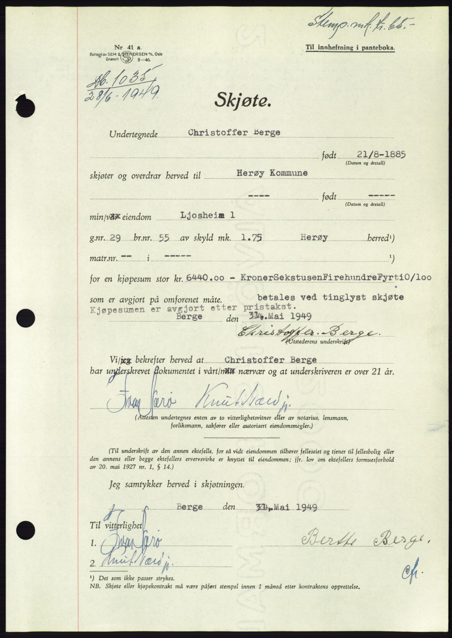 Søre Sunnmøre sorenskriveri, AV/SAT-A-4122/1/2/2C/L0084: Mortgage book no. 10A, 1949-1949, Diary no: : 1035/1949