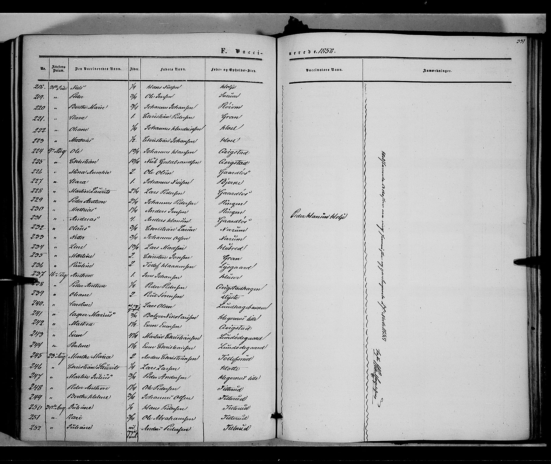 Vestre Toten prestekontor, SAH/PREST-108/H/Ha/Haa/L0006: Parish register (official) no. 6, 1856-1861, p. 351