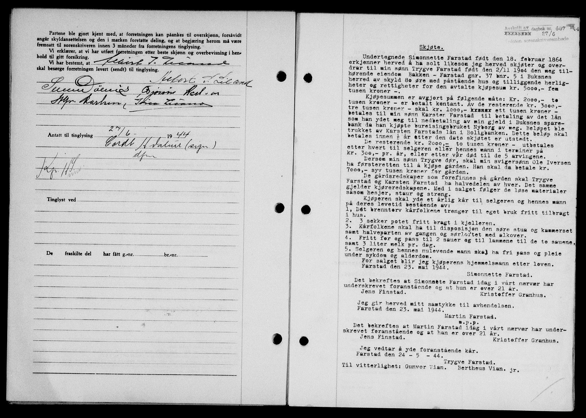 Lofoten sorenskriveri, SAT/A-0017/1/2/2C/L0012a: Mortgage book no. 12a, 1943-1944, Diary no: : 687/1944
