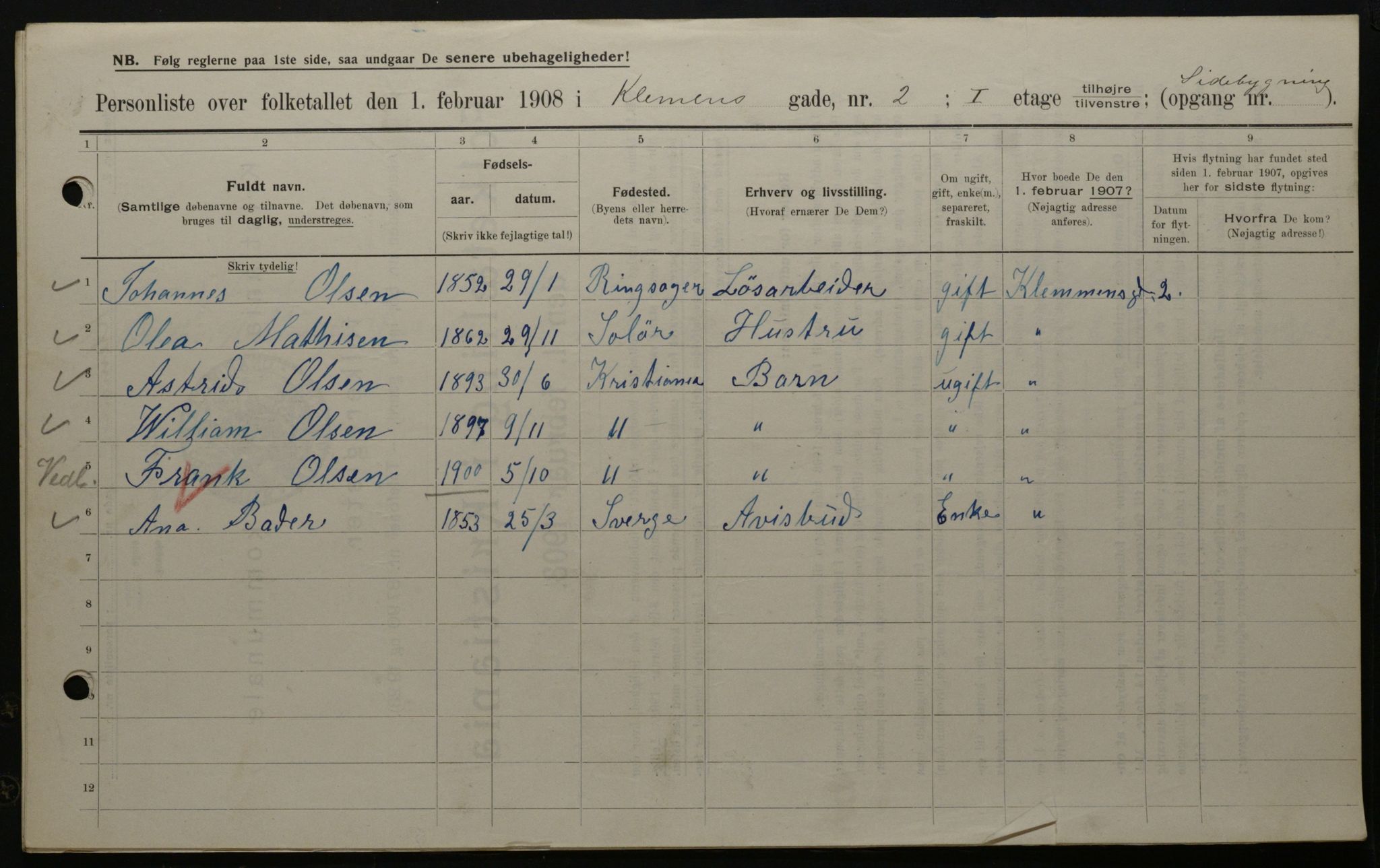 OBA, Municipal Census 1908 for Kristiania, 1908, p. 11996