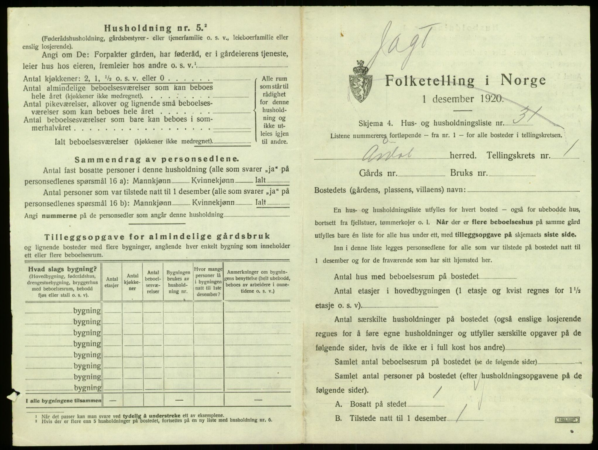 SAB, 1920 census for Årdal, 1920, p. 92