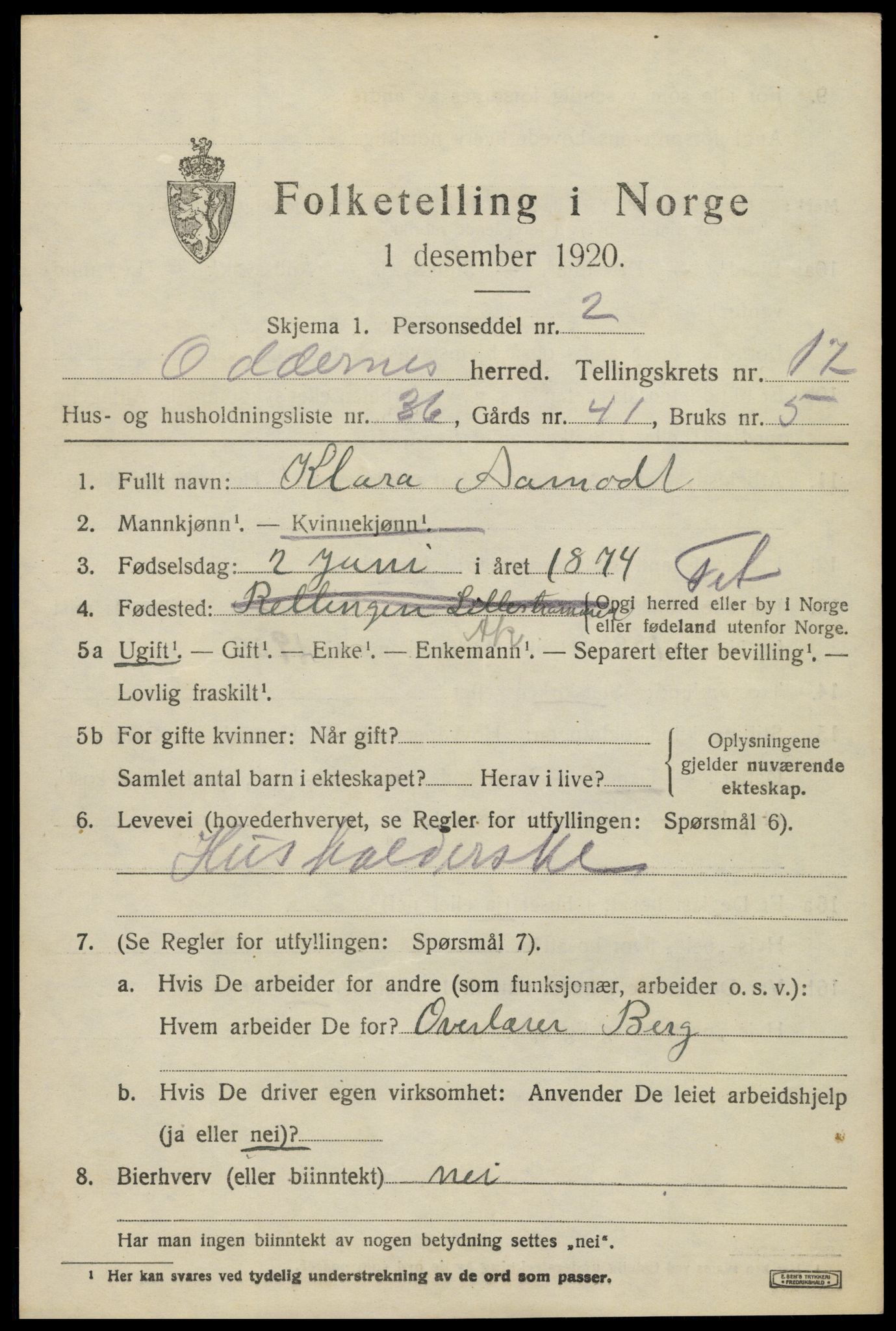 SAK, 1920 census for Oddernes, 1920, p. 13099