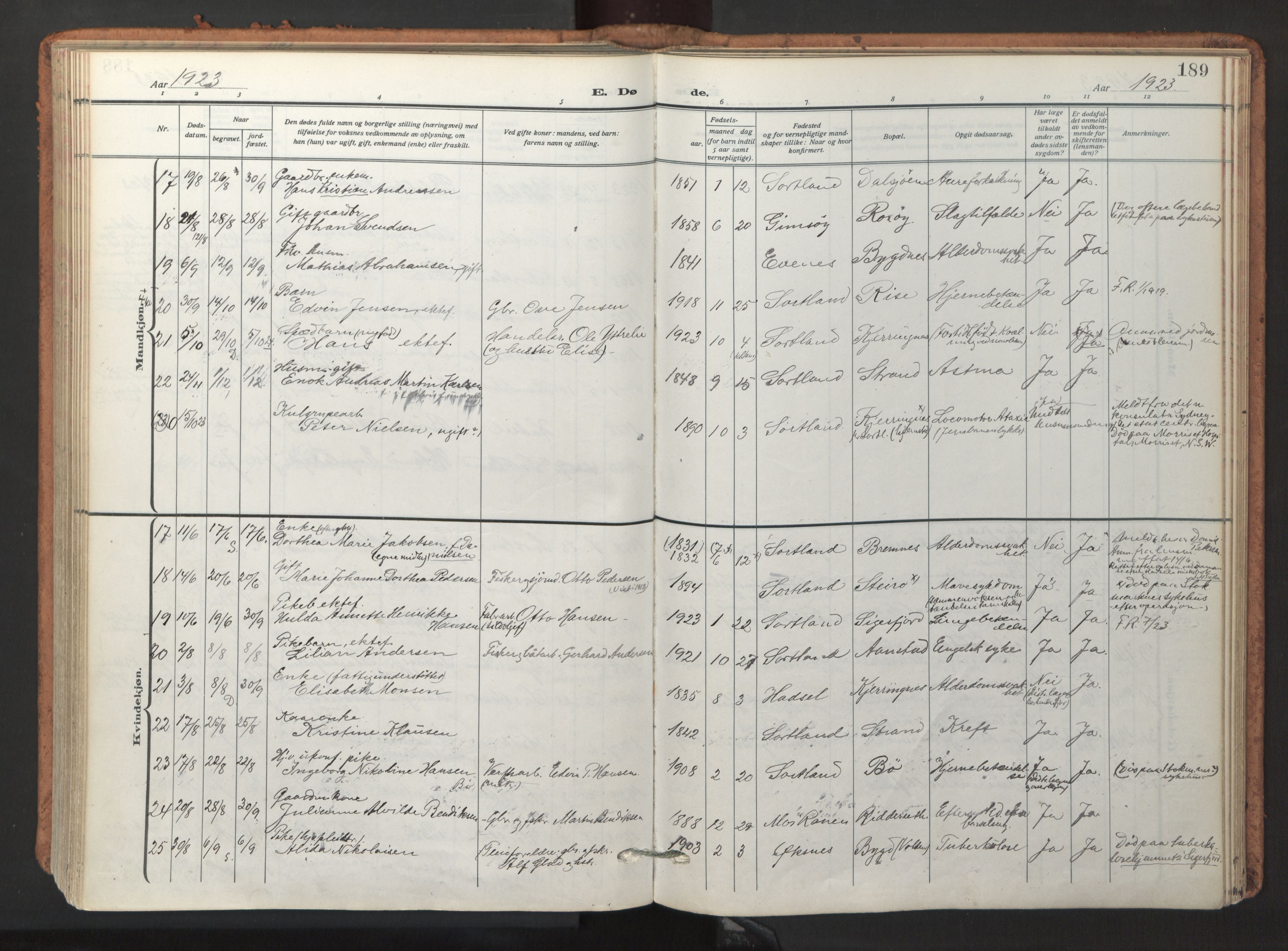 Ministerialprotokoller, klokkerbøker og fødselsregistre - Nordland, SAT/A-1459/895/L1374: Parish register (official) no. 895A09, 1915-1925, p. 189