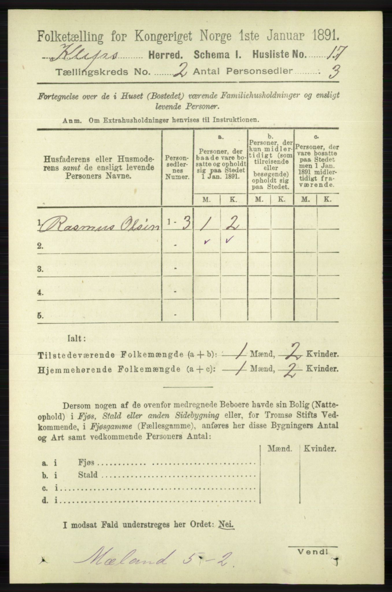 RA, 1891 census for 1120 Klepp, 1891, p. 325