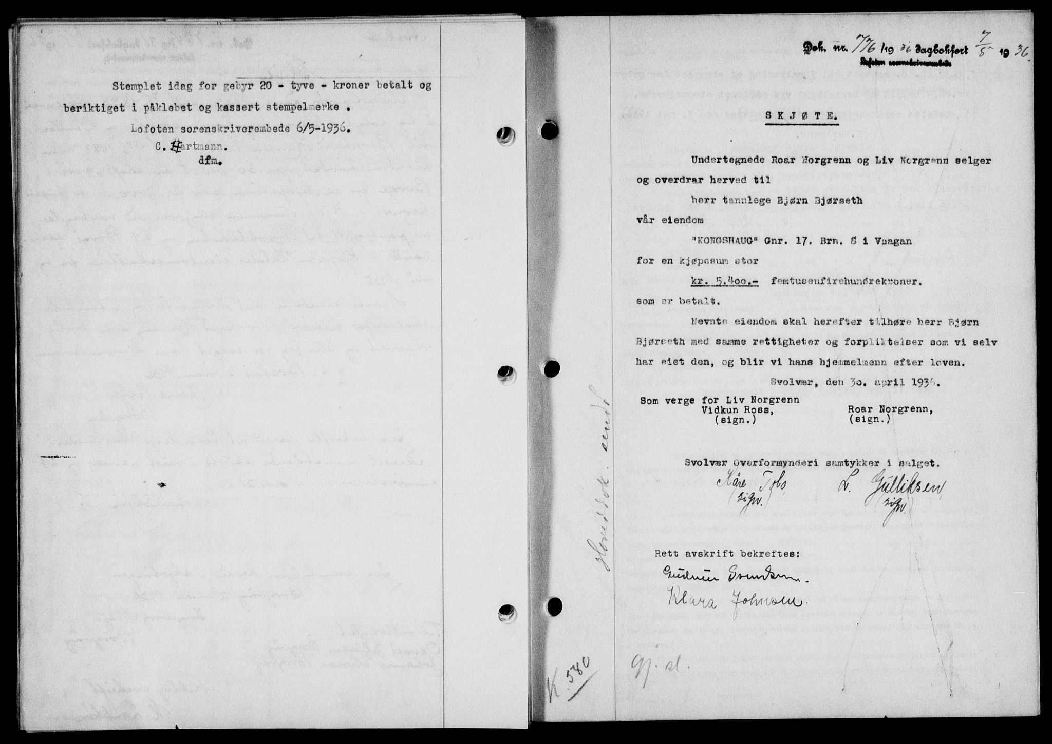 Lofoten sorenskriveri, SAT/A-0017/1/2/2C/L0033b: Mortgage book no. 33b, 1936-1936, Diary no: : 776/1936