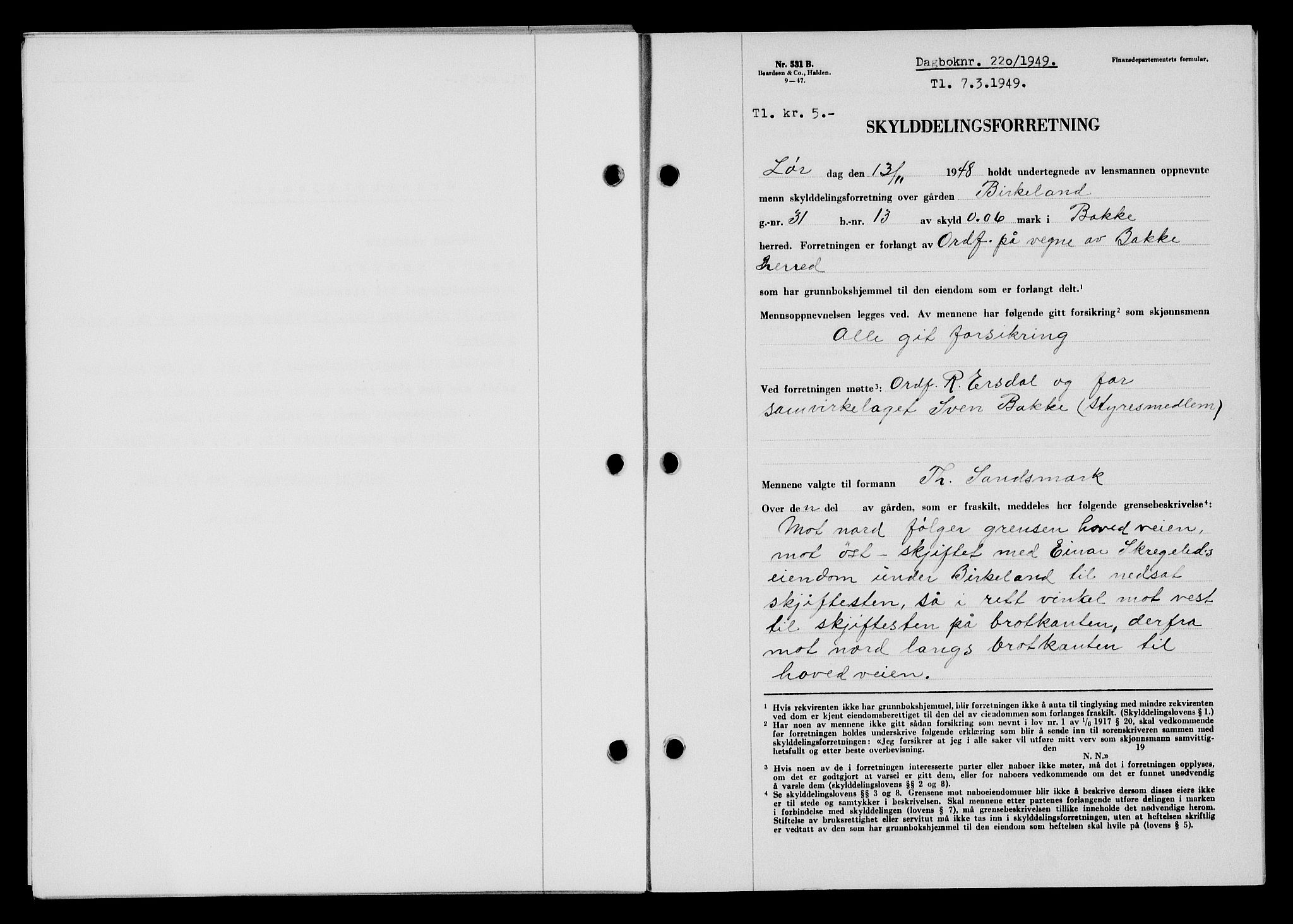 Flekkefjord sorenskriveri, SAK/1221-0001/G/Gb/Gba/L0064: Mortgage book no. A-12, 1948-1949, Diary no: : 220/1949