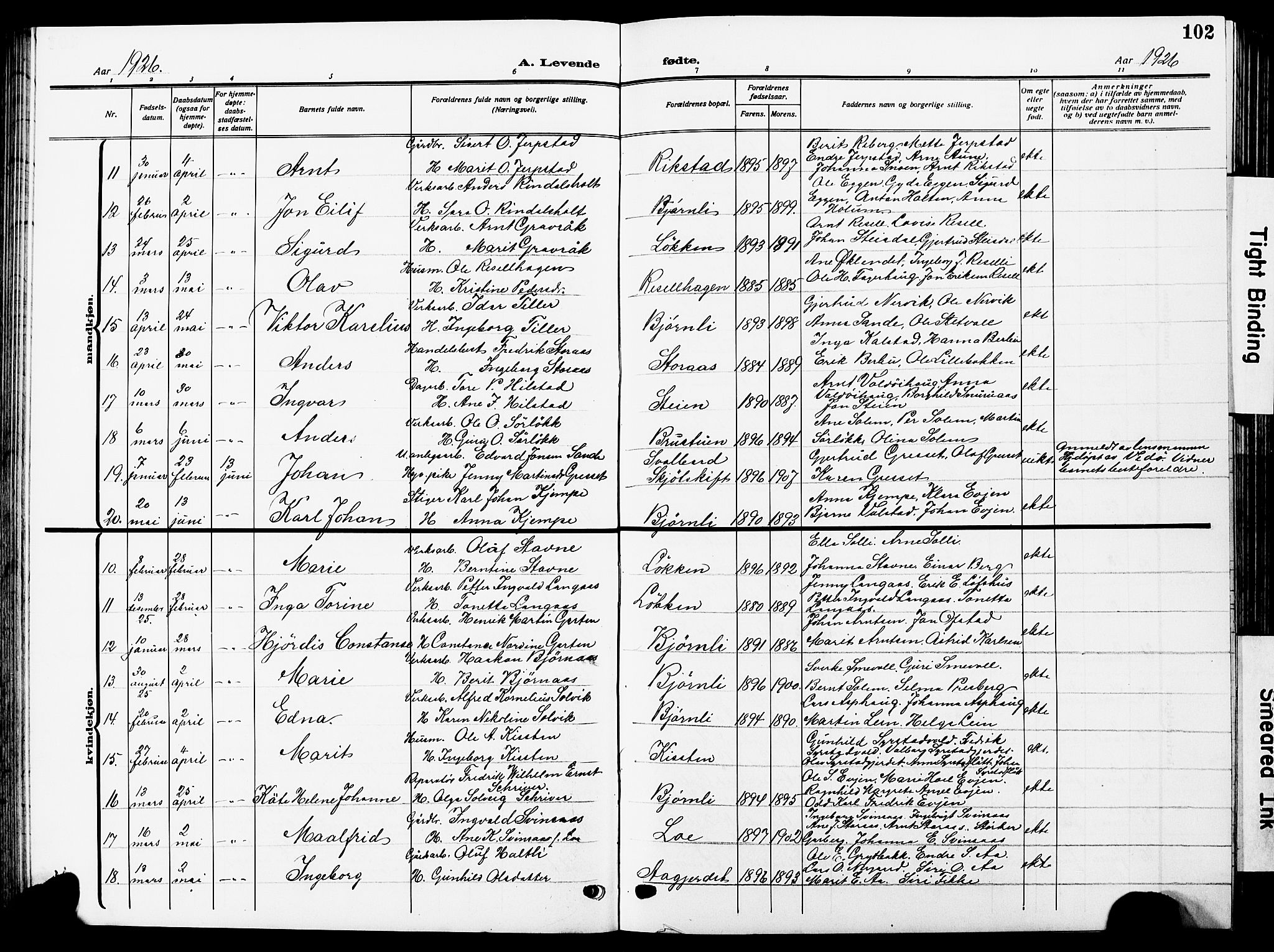 Ministerialprotokoller, klokkerbøker og fødselsregistre - Sør-Trøndelag, SAT/A-1456/672/L0865: Parish register (copy) no. 672C04, 1914-1928, p. 102