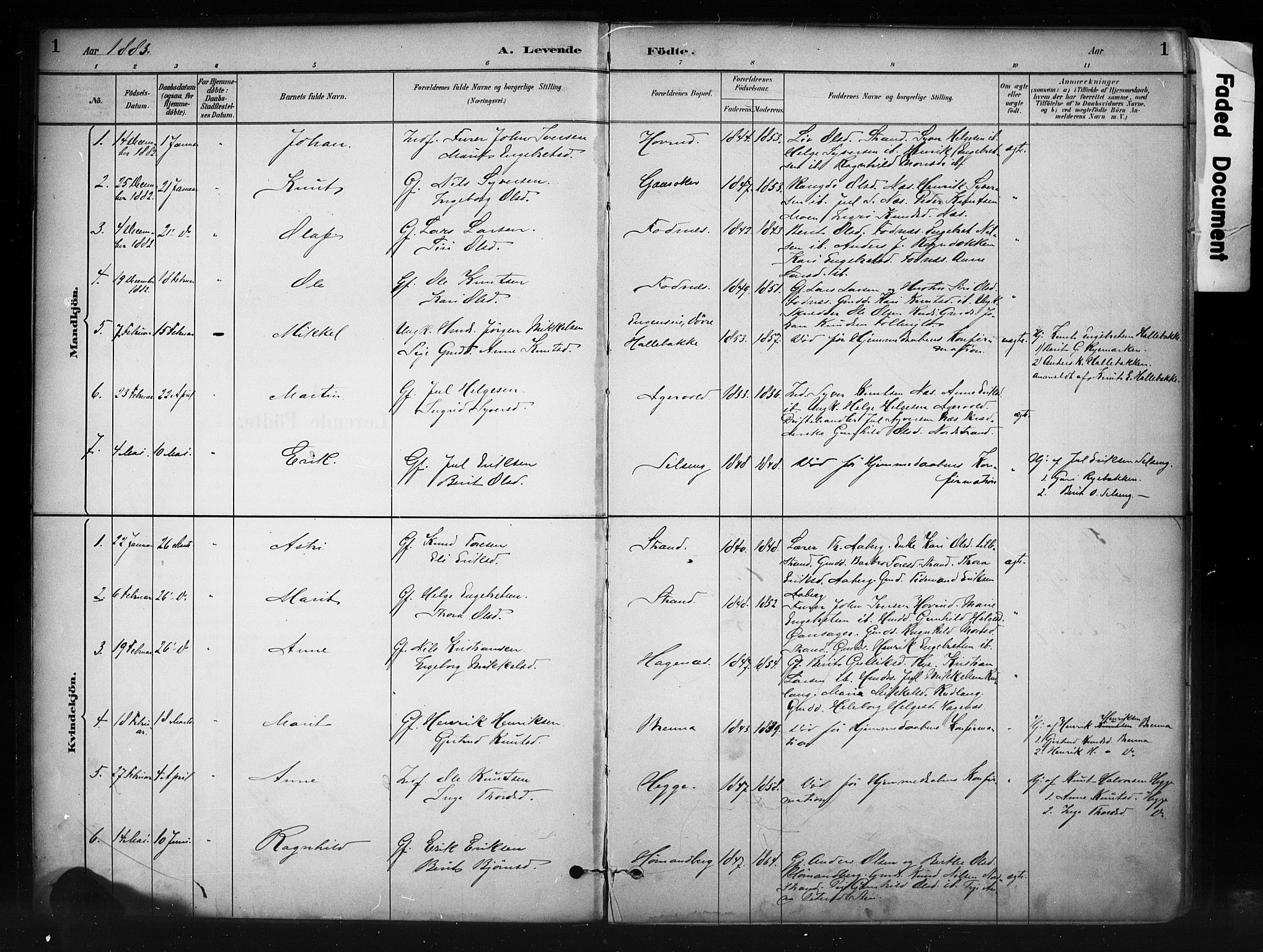 Nord-Aurdal prestekontor, SAH/PREST-132/H/Ha/Haa/L0010: Parish register (official) no. 10, 1883-1896, p. 1