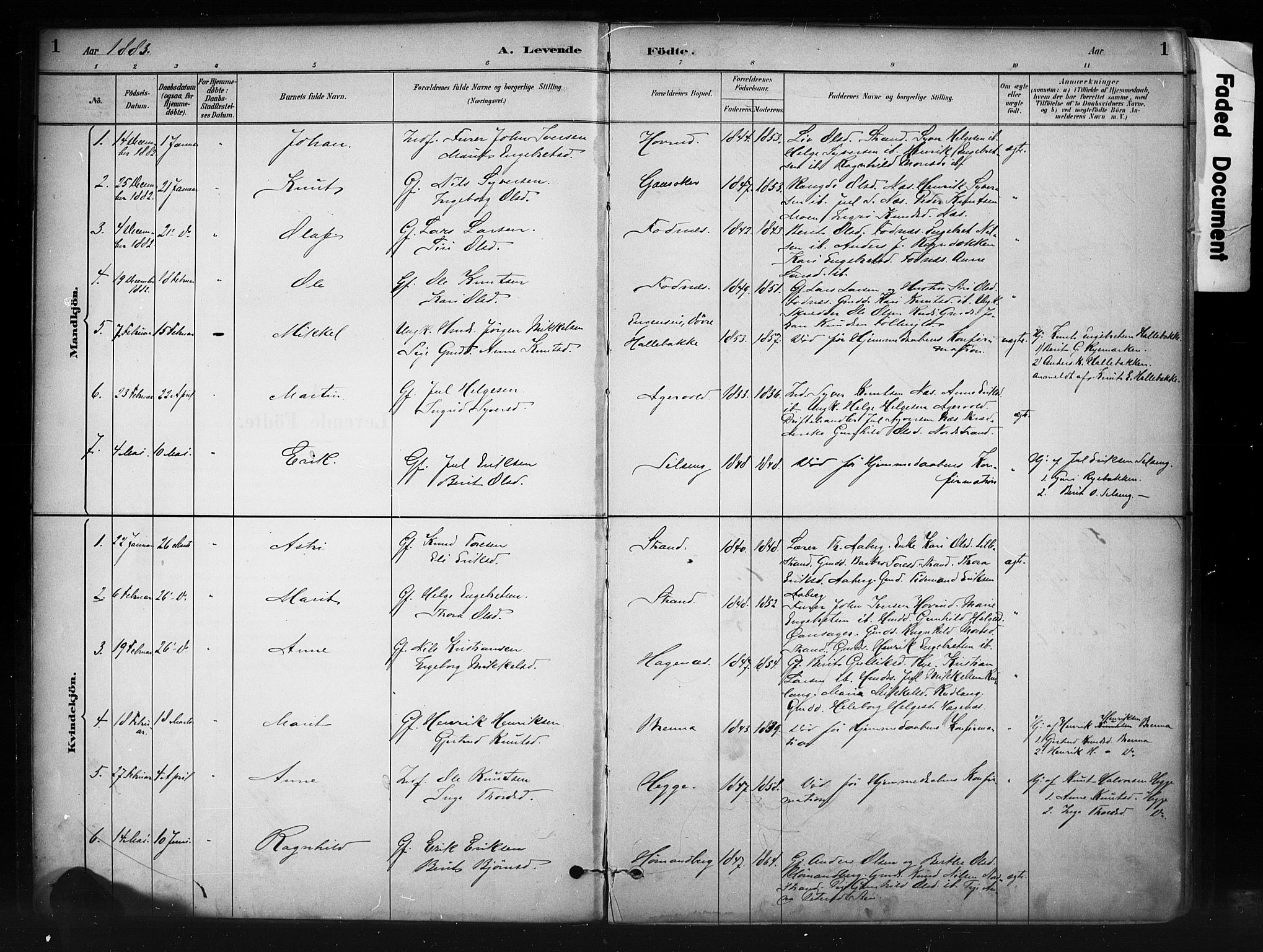 Nord-Aurdal prestekontor, AV/SAH-PREST-132/H/Ha/Haa/L0010: Parish register (official) no. 10, 1883-1896, p. 1