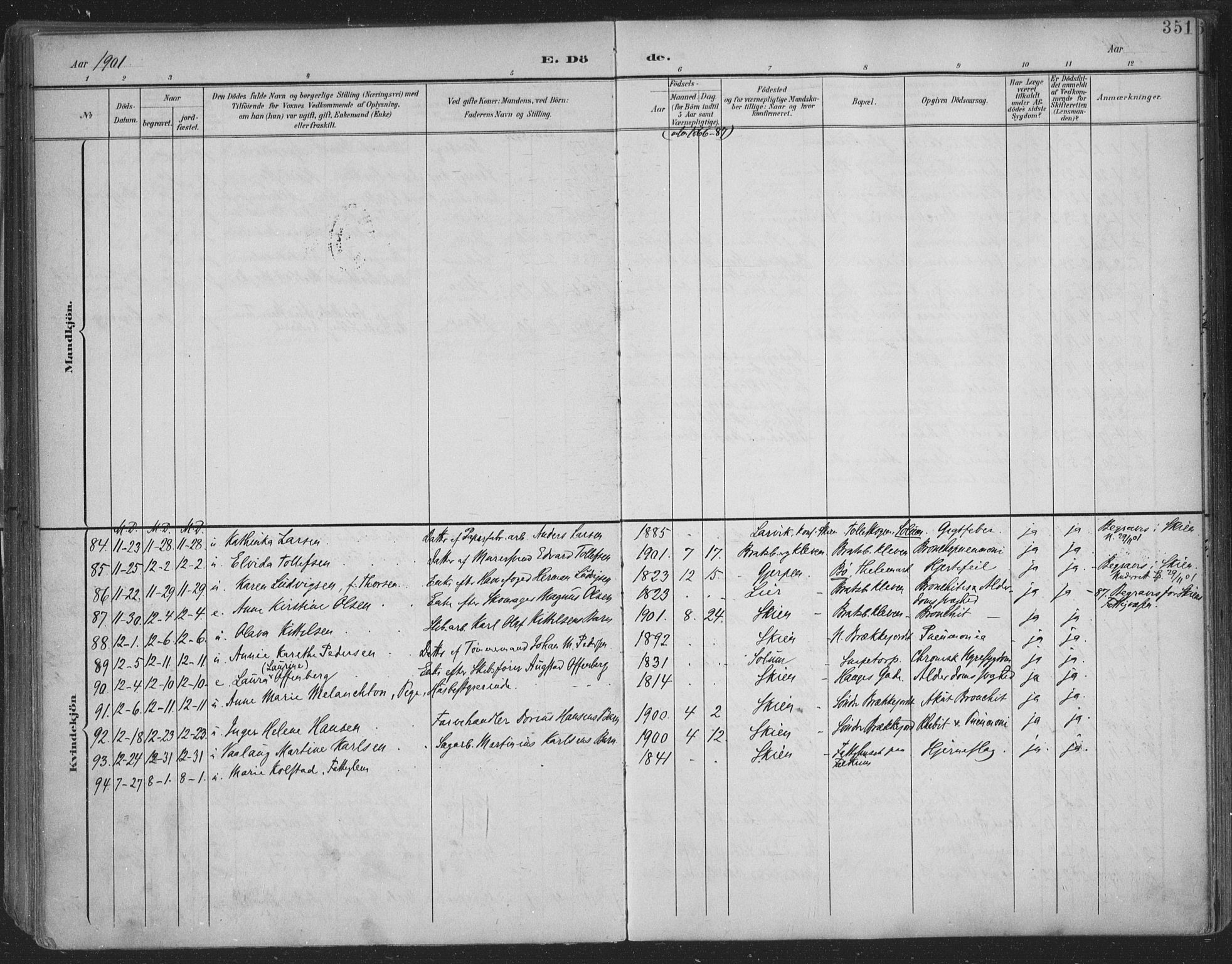 Skien kirkebøker, SAKO/A-302/F/Fa/L0011: Parish register (official) no. 11, 1900-1907, p. 351