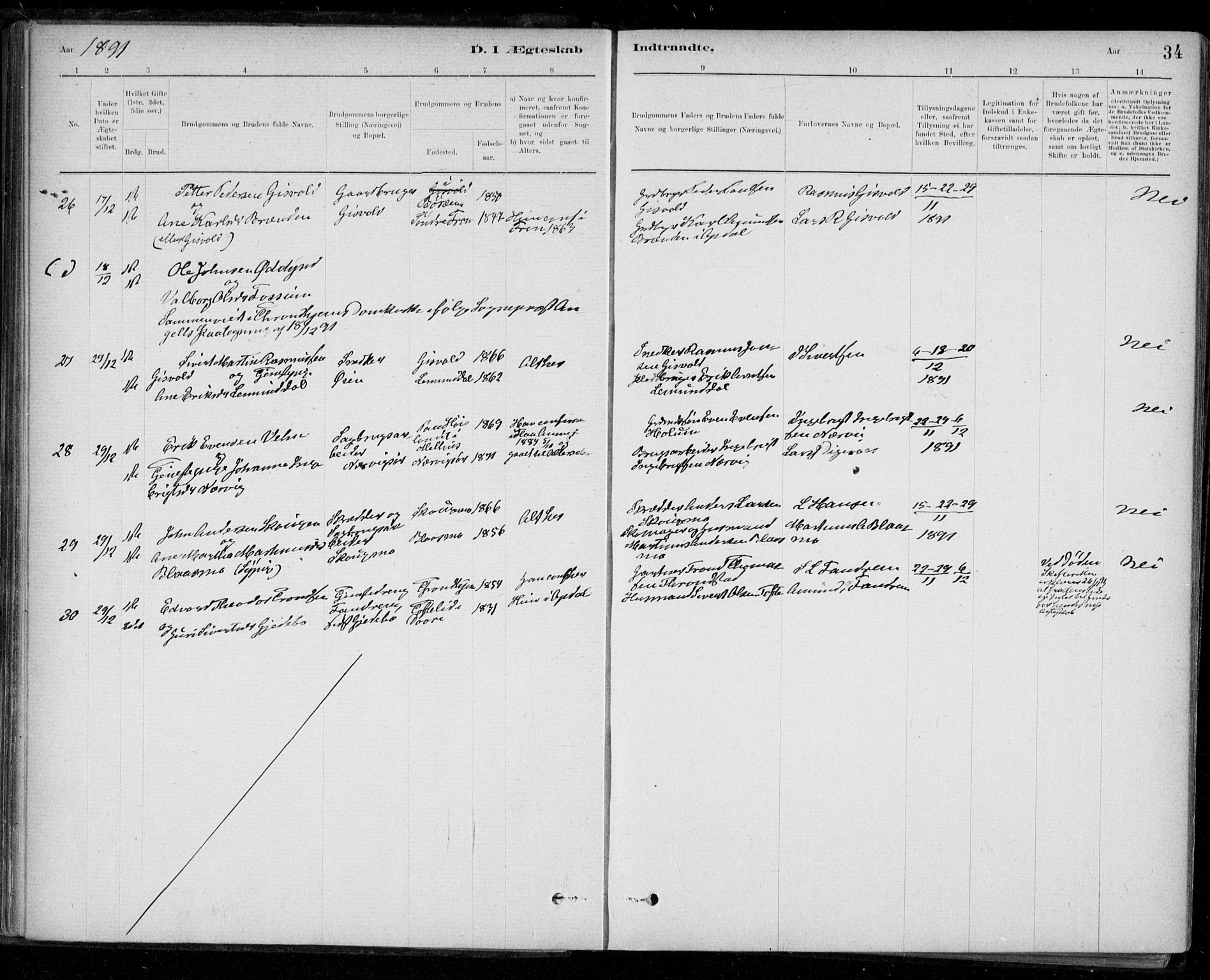 Ministerialprotokoller, klokkerbøker og fødselsregistre - Sør-Trøndelag, SAT/A-1456/668/L0810: Parish register (official) no. 668A10, 1881-1894, p. 34