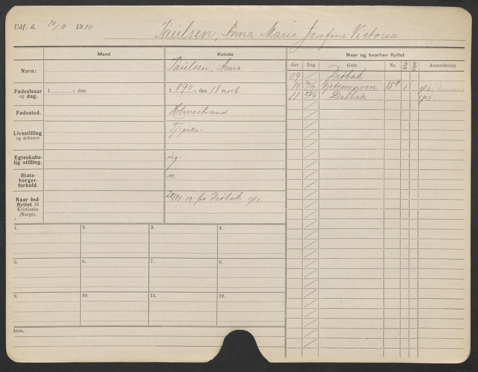 Oslo folkeregister, Registerkort, AV/SAO-A-11715/F/Fa/Fac/L0022: Kvinner, 1906-1914, p. 534a