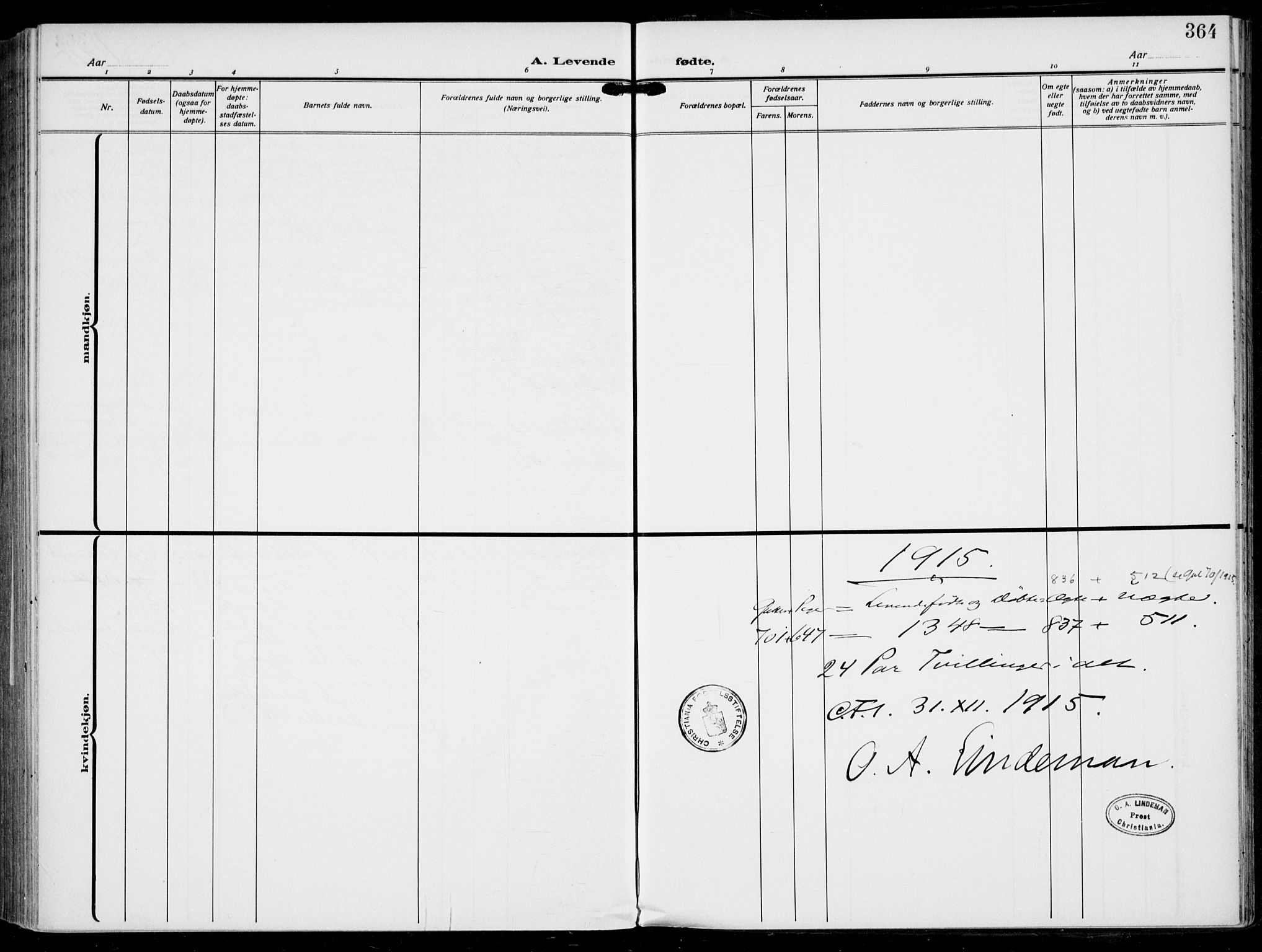 Rikshospitalet prestekontor Kirkebøker, SAO/A-10309b/F/L0015: Parish register (official) no. 15, 1913-1915, p. 364