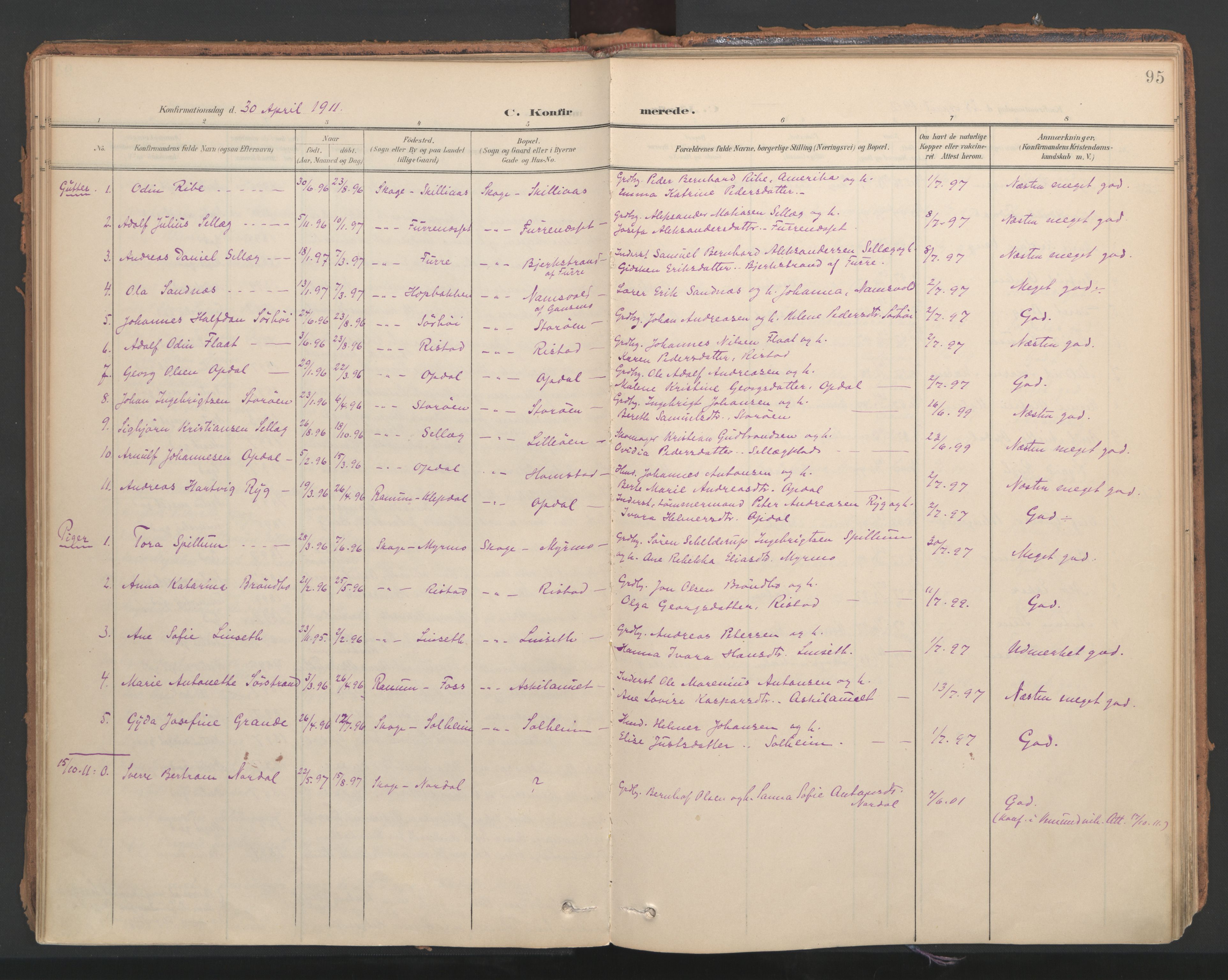 Ministerialprotokoller, klokkerbøker og fødselsregistre - Nord-Trøndelag, SAT/A-1458/766/L0564: Parish register (official) no. 767A02, 1900-1932, p. 95