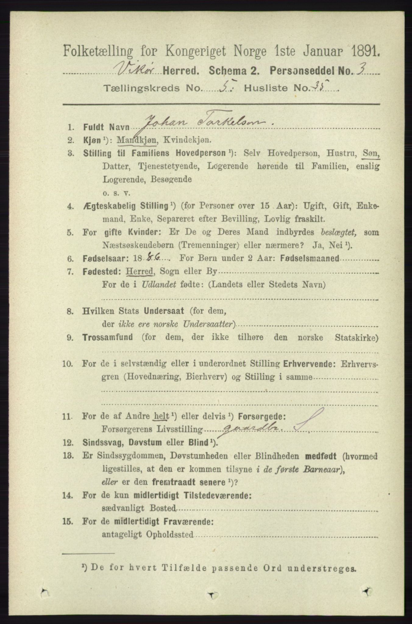 RA, 1891 census for 1238 Vikør, 1891, p. 1595