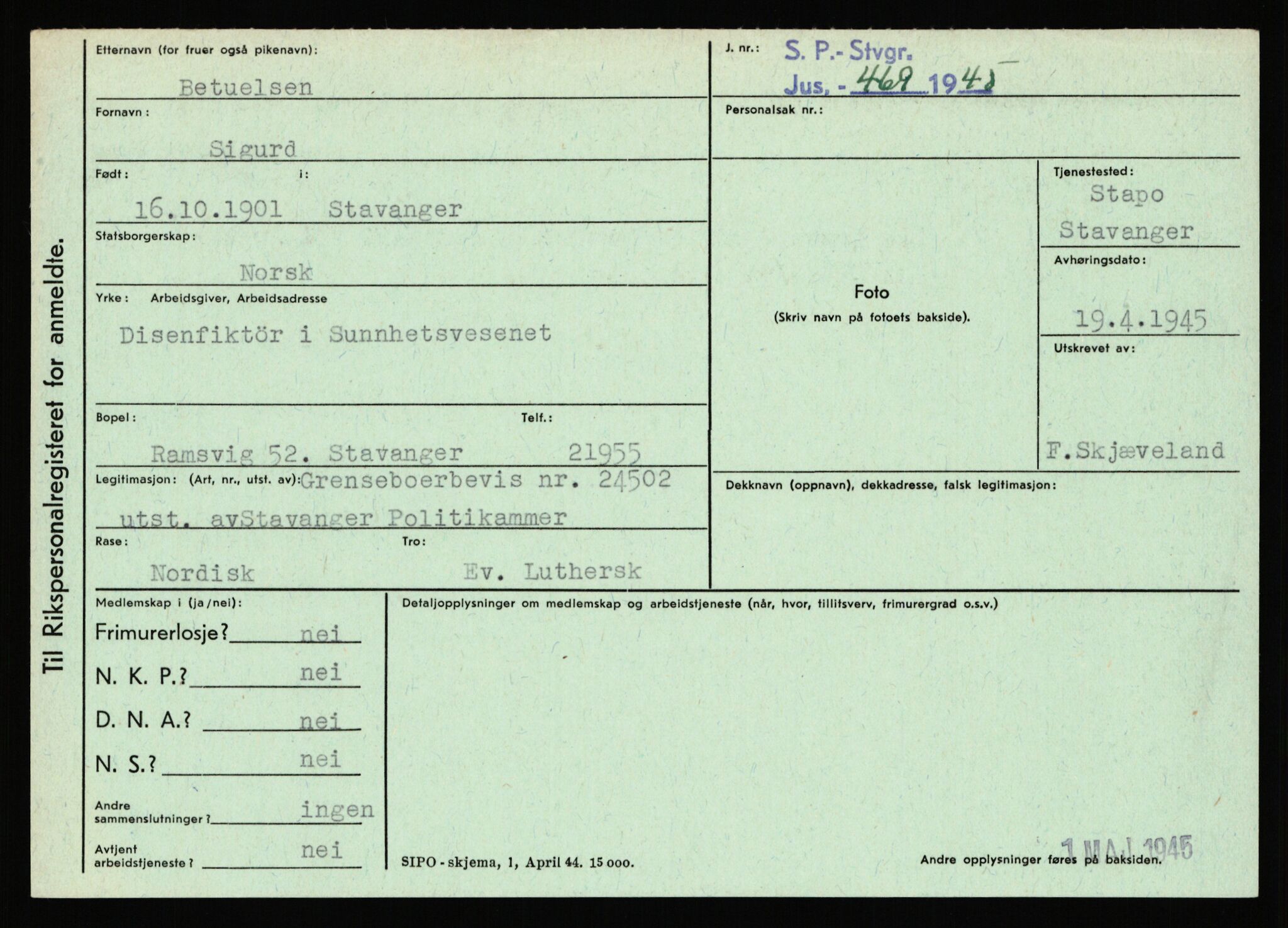 Statspolitiet - Hovedkontoret / Osloavdelingen, AV/RA-S-1329/C/Ca/L0002: Arneberg - Brand, 1943-1945, p. 3165