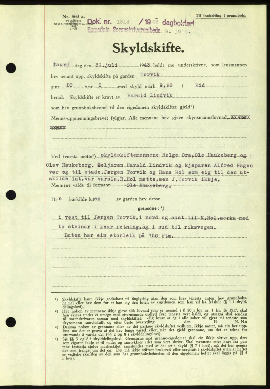 Romsdal sorenskriveri, AV/SAT-A-4149/1/2/2C: Mortgage book no. A14, 1943-1943, Diary no: : 1314/1943