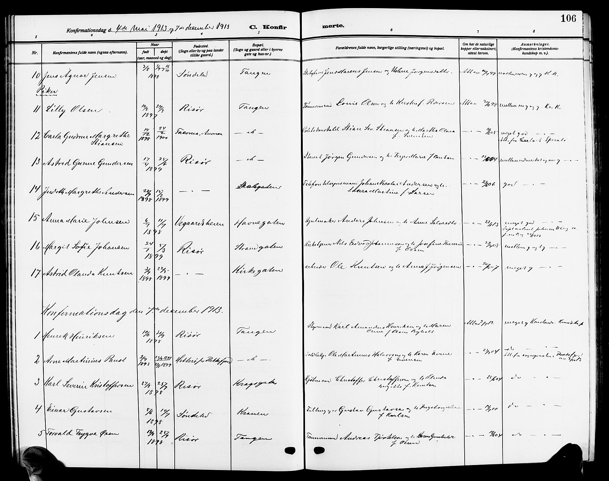 Risør sokneprestkontor, SAK/1111-0035/F/Fb/L0008: Parish register (copy) no. B 8, 1909-1921, p. 106
