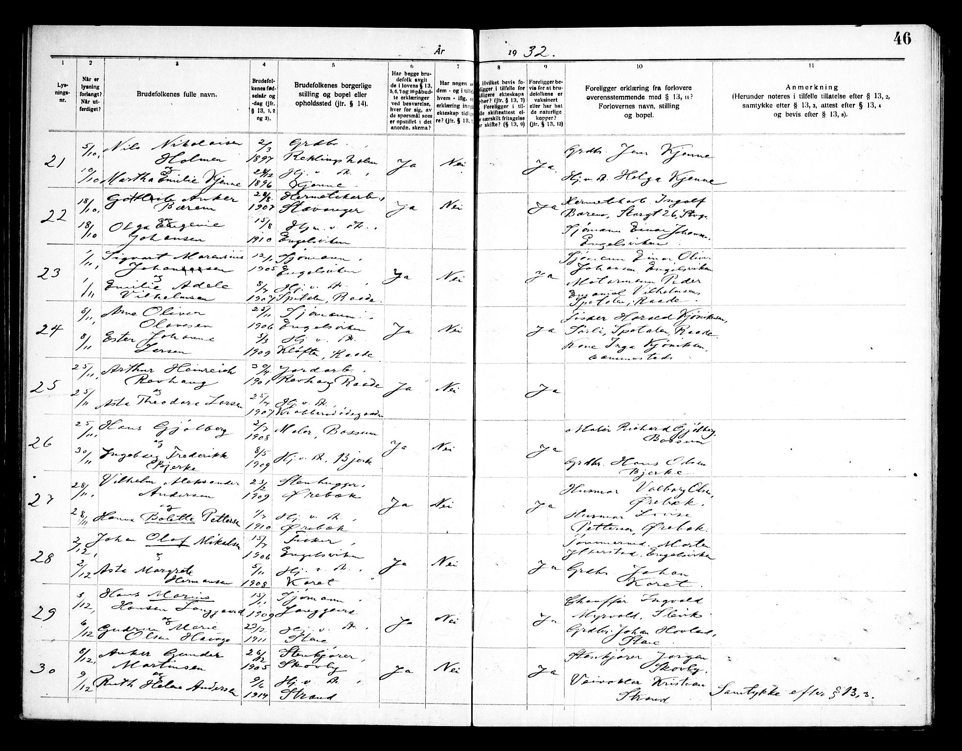 Onsøy prestekontor Kirkebøker, AV/SAO-A-10914/H/Ha/L0001: Banns register no. I 1, 1919-1956, p. 46
