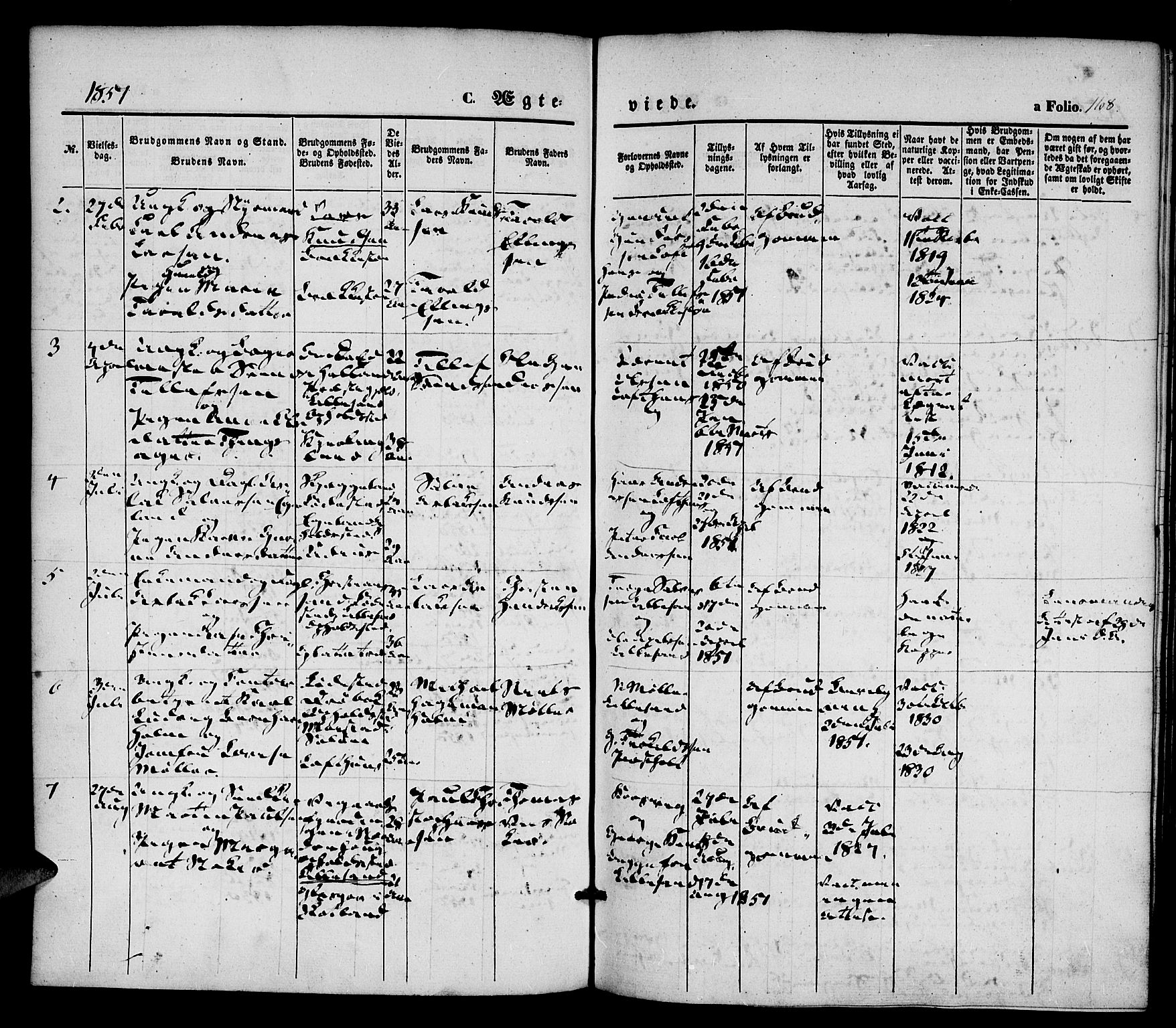 Vestre Moland sokneprestkontor, SAK/1111-0046/F/Fa/Fab/L0006: Parish register (official) no. A 6, 1850-1858, p. 168