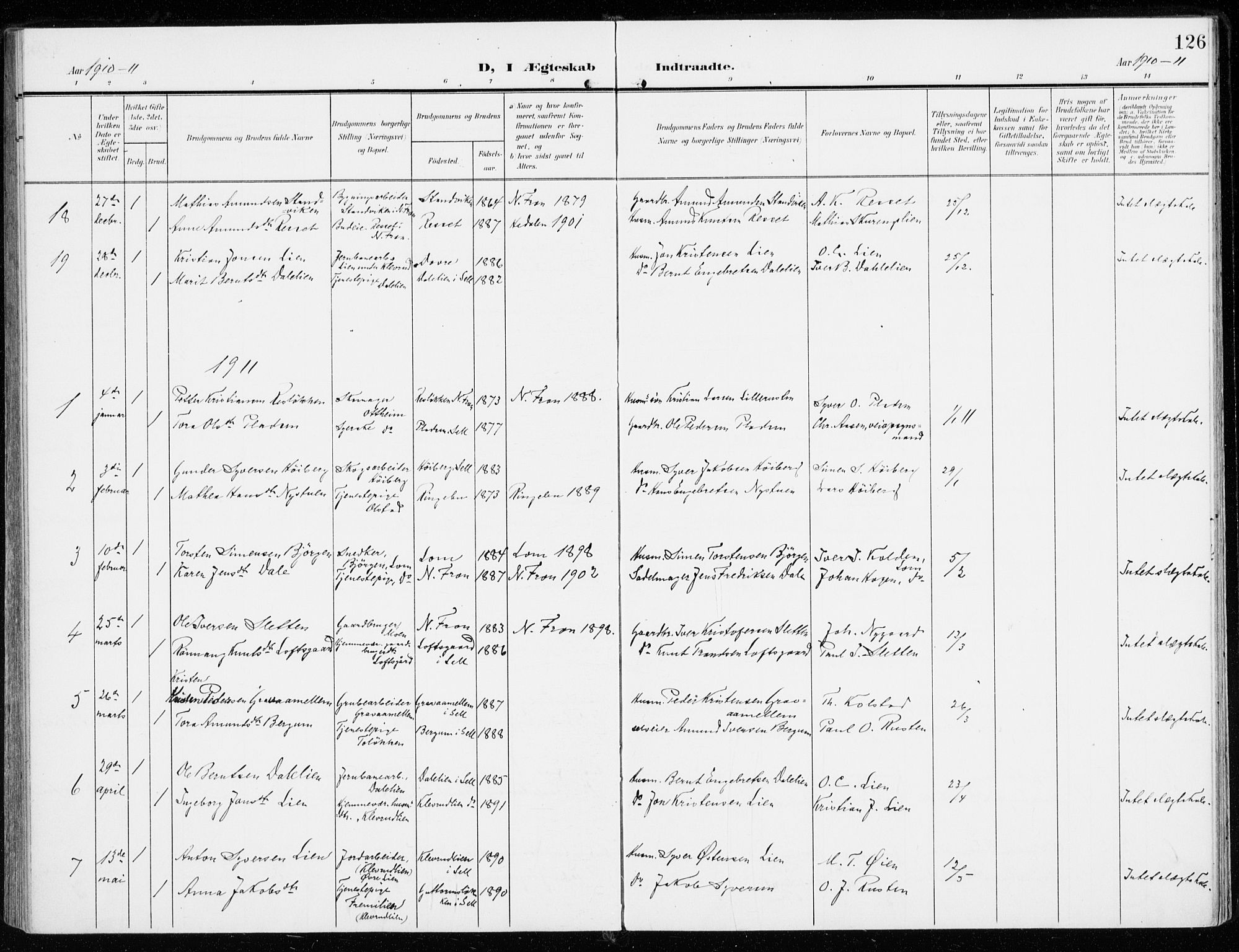 Sel prestekontor, SAH/PREST-074/H/Ha/Haa/L0002: Parish register (official) no. 2, 1905-1919, p. 126