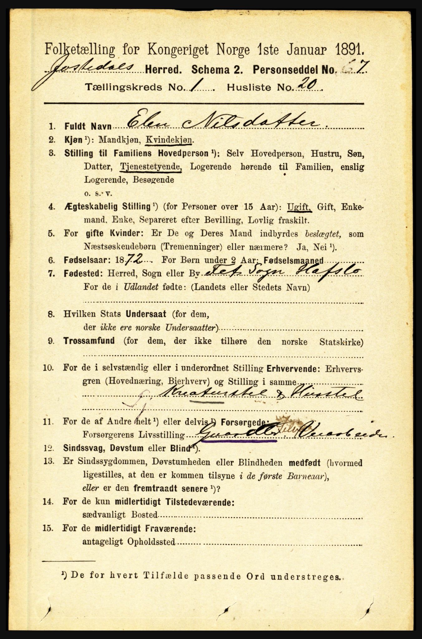 RA, 1891 census for 1427 Jostedal, 1891, p. 211