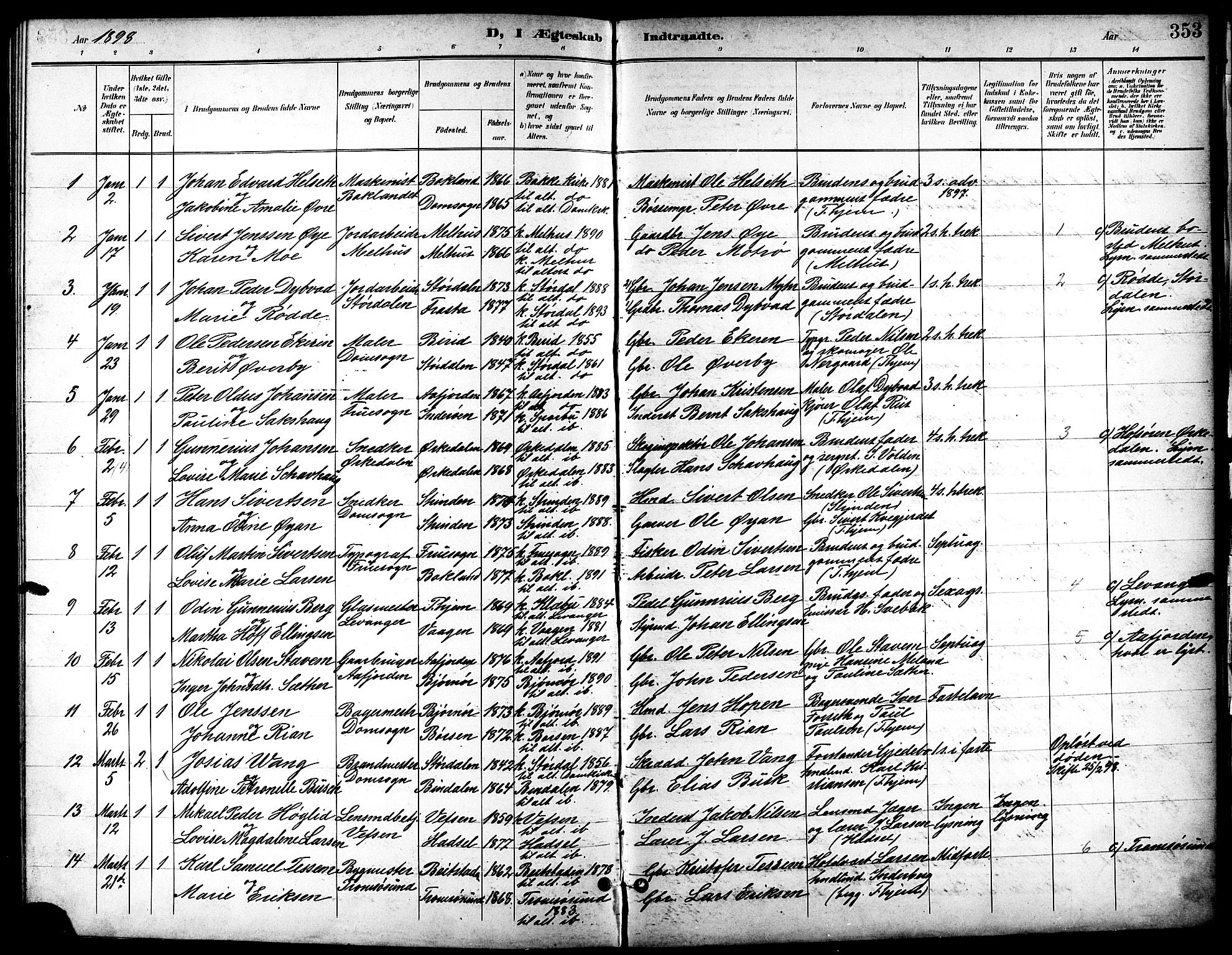 Ministerialprotokoller, klokkerbøker og fødselsregistre - Sør-Trøndelag, SAT/A-1456/601/L0094: Parish register (copy) no. 601C12, 1898-1911, p. 353