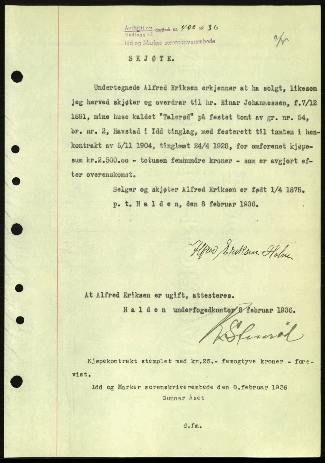 Idd og Marker sorenskriveri, AV/SAO-A-10283/G/Gb/Gbb/L0001: Mortgage book no. A1, 1936-1937, Diary no: : 400/1936