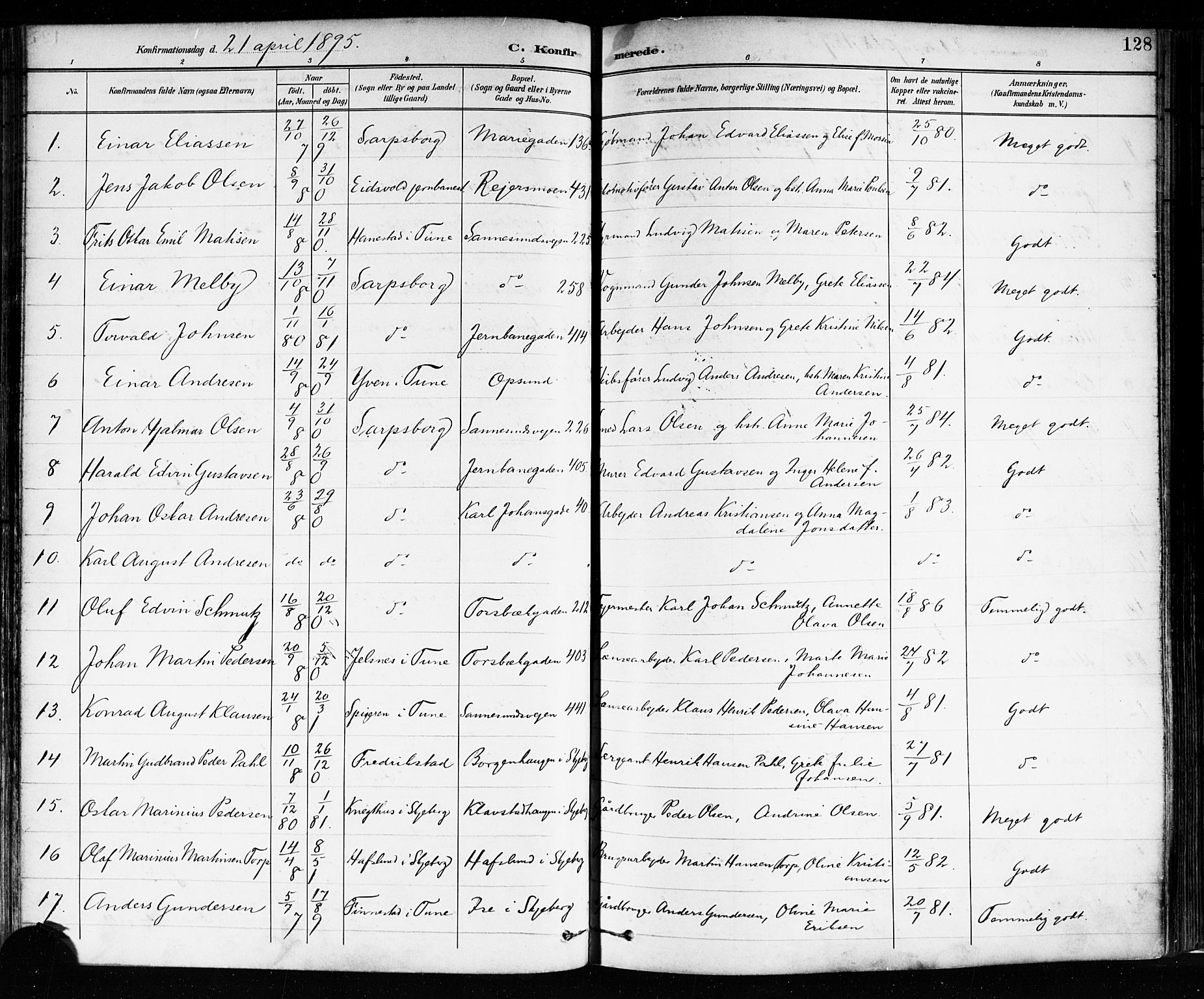 Sarpsborg prestekontor Kirkebøker, SAO/A-2006/F/Fa/L0004: Parish register (official) no. 4, 1892-1899, p. 128