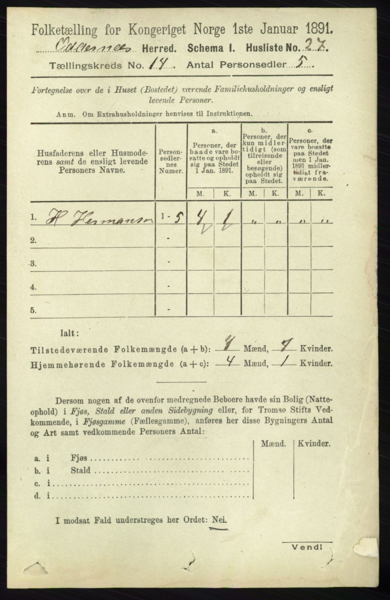 RA, 1891 census for 1012 Oddernes, 1891, p. 4867