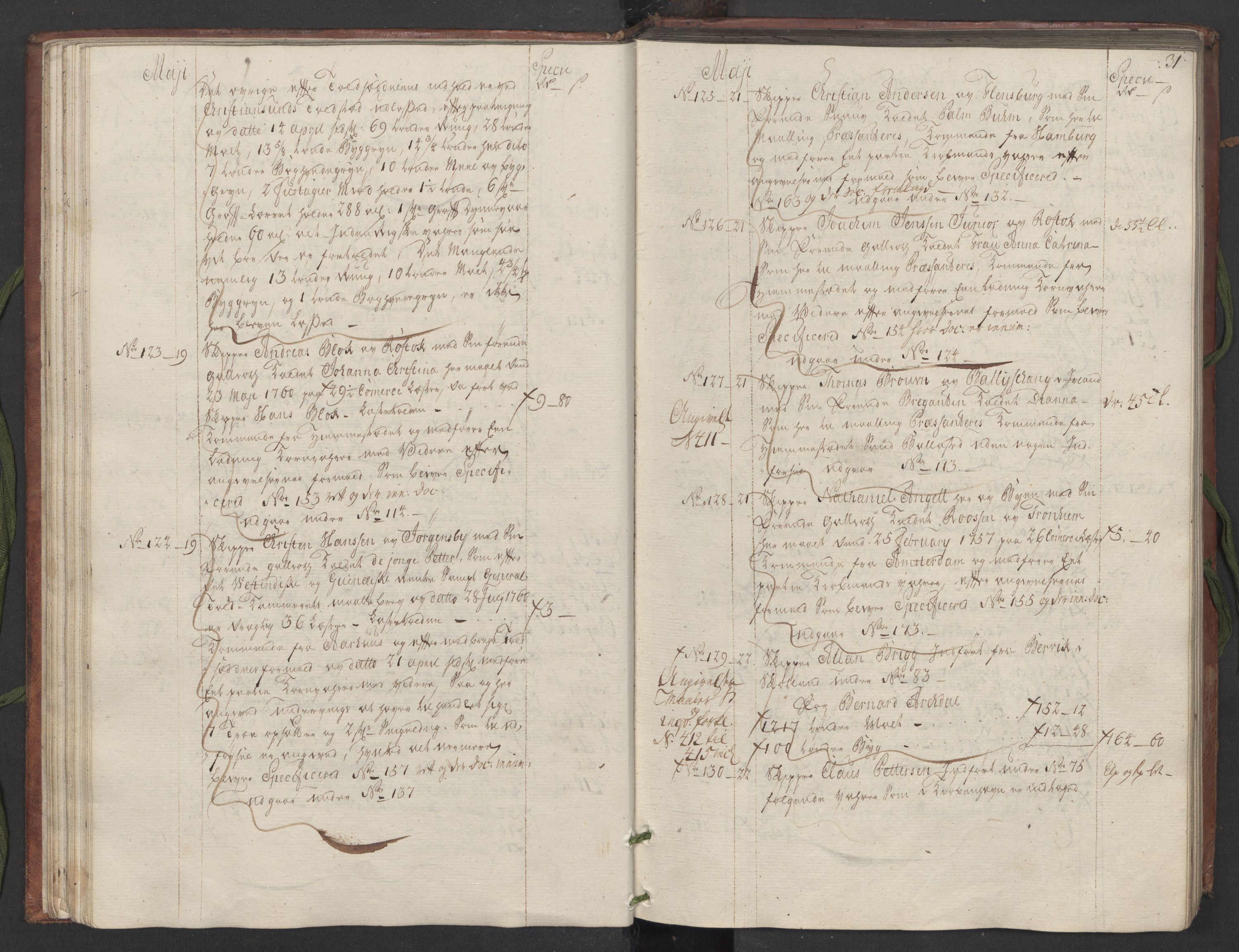 Generaltollkammeret, tollregnskaper, AV/RA-EA-5490/R33/L0082/0001: Tollregnskaper Trondheim A / Inngående hovedtollbok, 1764, p. 30b-31a