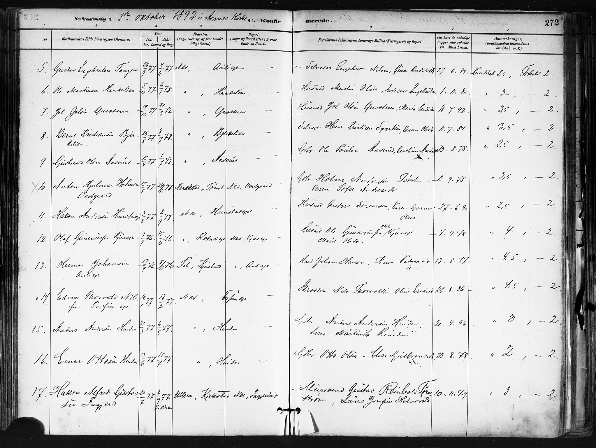 Nes prestekontor Kirkebøker, AV/SAO-A-10410/F/Fa/L0010: Parish register (official) no. I 10, 1883-1898, p. 272