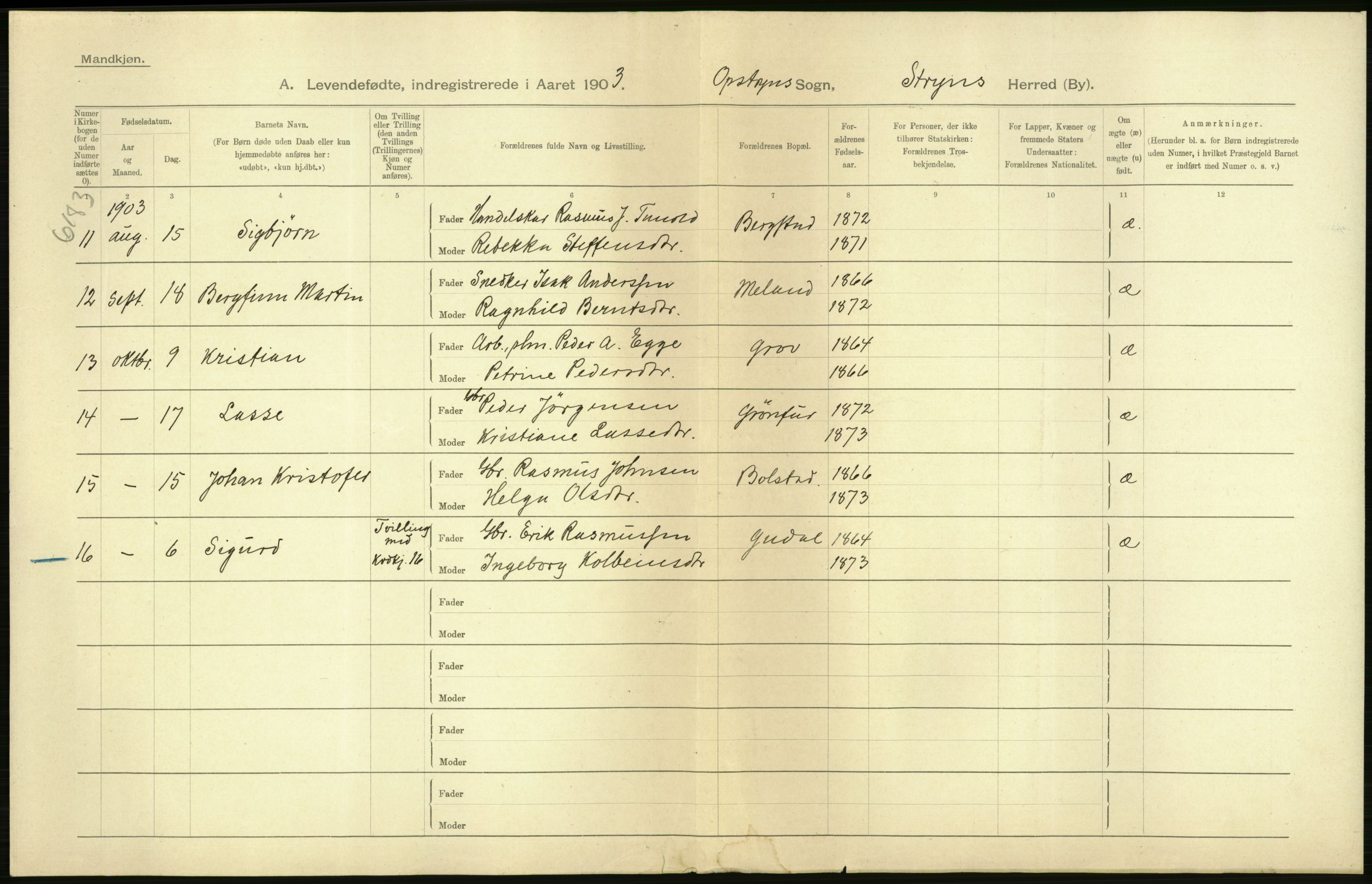 Statistisk sentralbyrå, Sosiodemografiske emner, Befolkning, RA/S-2228/D/Df/Dfa/Dfaa/L0015: Nordre Bergenhus: Fødte, gifte, døde. Bygder, 1903, p. 4